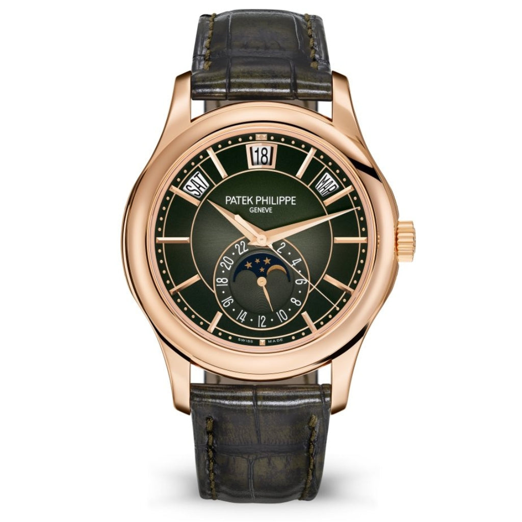 Patek Philippe Olive Green Sunburst Dial Rose Gold Case   Leather Strap 40 mm 5205R-011 - WATCHXNYC