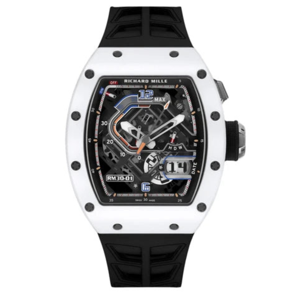 Richard Mille RM30-01 White Ceramic 42.7 mm x 50 mm Transparent Dial Rubber Strap - WATCHXNYC