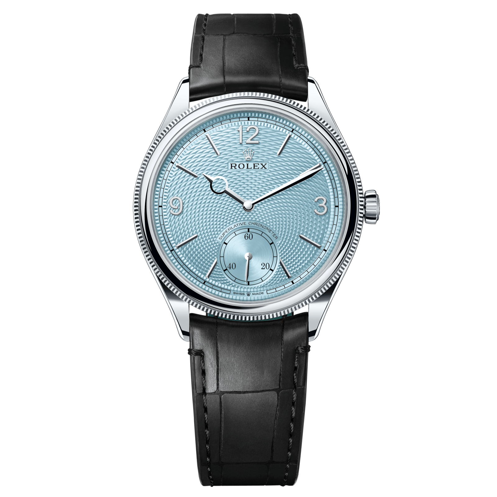 Rolex 1908 39 mm Ice Blue Dial Platinum Matt Black   Leather m52506-0003 - WATCHXNYC