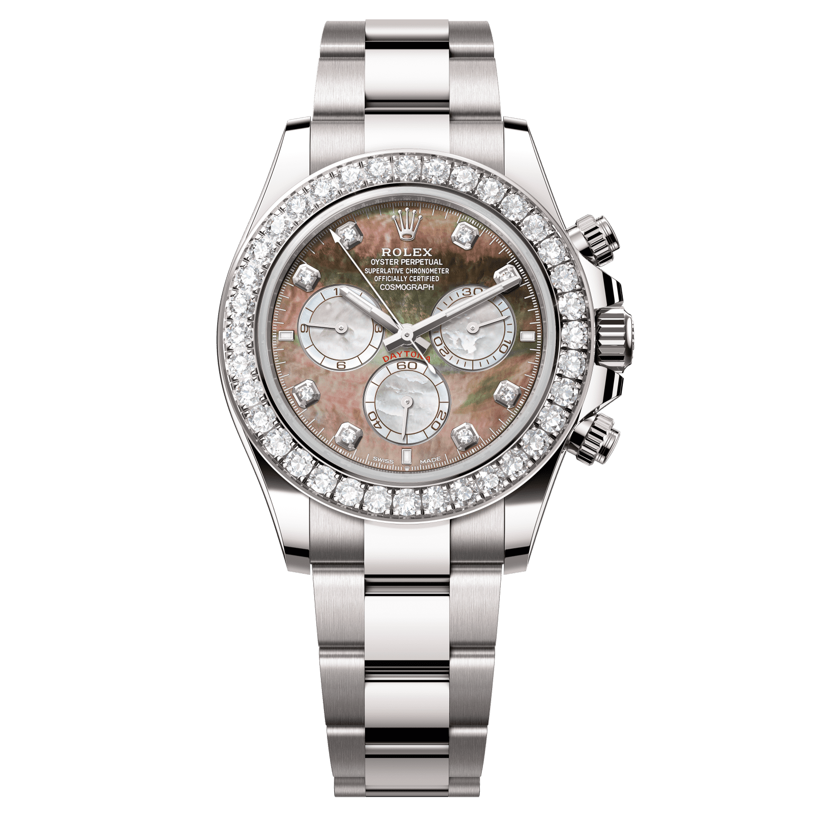Rolex Cosmograph Daytona 40 mm Black and white mother-of-pearl set with diamonds Dial 18 kt white gold Oyster bracelet 126579rbr-0001 - WATCHXNYC