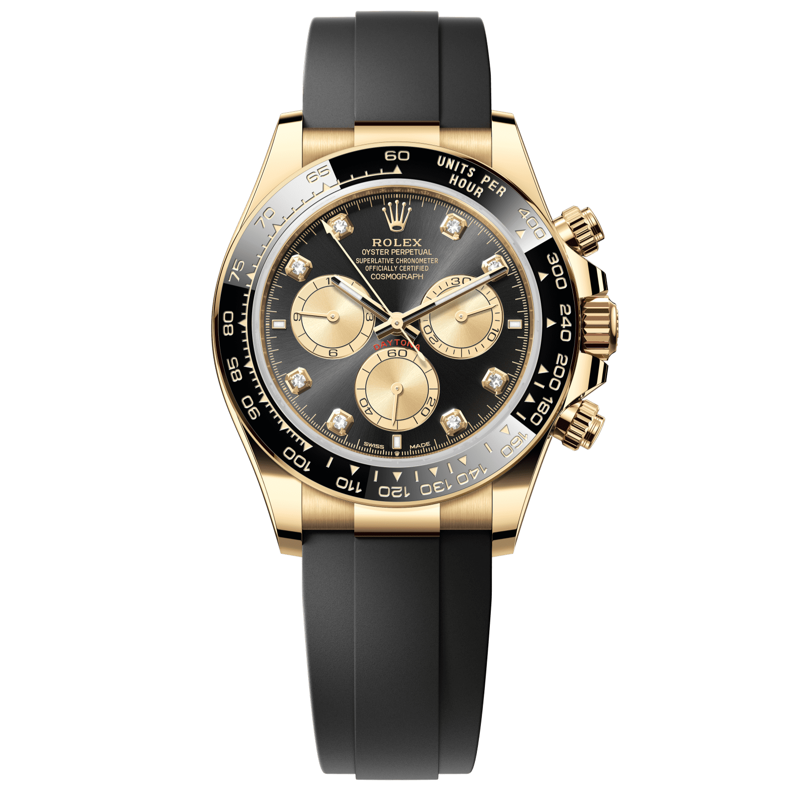 Rolex Cosmograph Daytona 40 mm Bright Black and Golden set with Diamonds Dial 18 kt Yellow Gold Oysterflex Bracelet 126518ln-0006 - WATCHXNYC