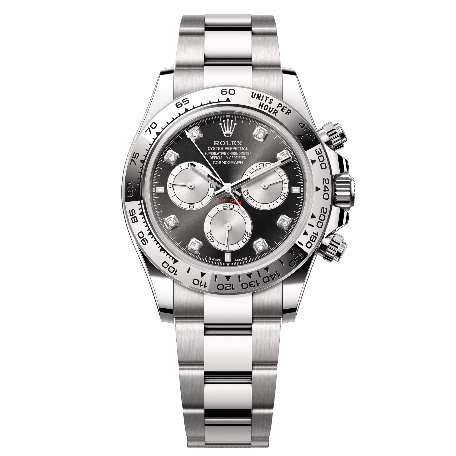Rolex Cosmograph Daytona 40 mm Bright black and steel set with diamonds Dial 18 kt white gold Oyster bracelet 126509-0002 - WATCHXNYC
