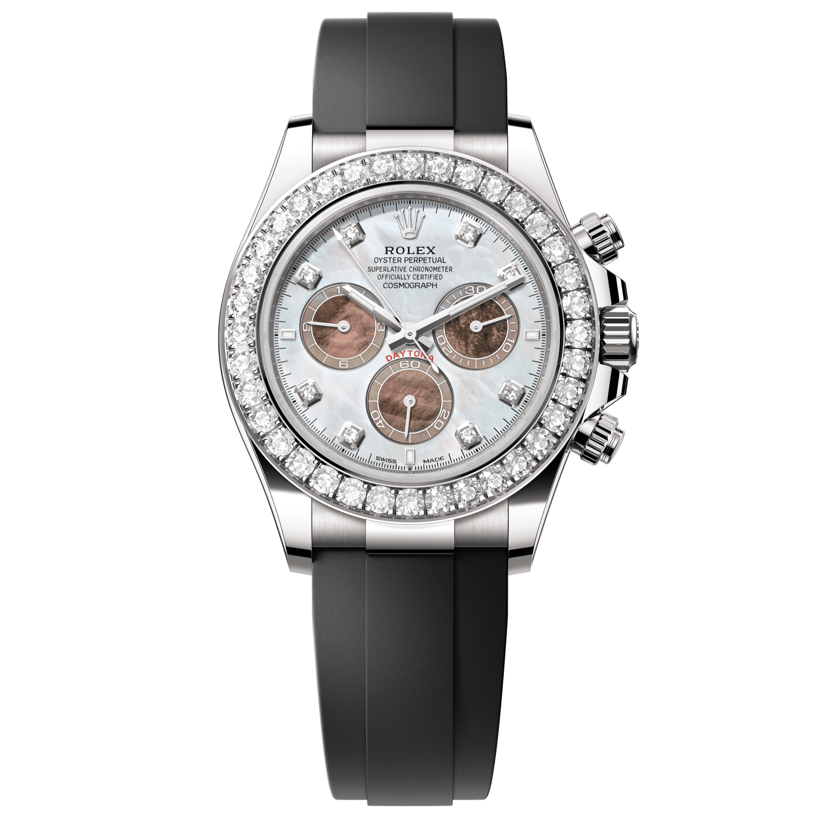 Rolex Cosmograph Daytona 40 mm White and black mother-of-pearl set with diamonds Dial 18 kt white gold Oysterflex bracelet 126589rbr-0001 - WATCHXNYC