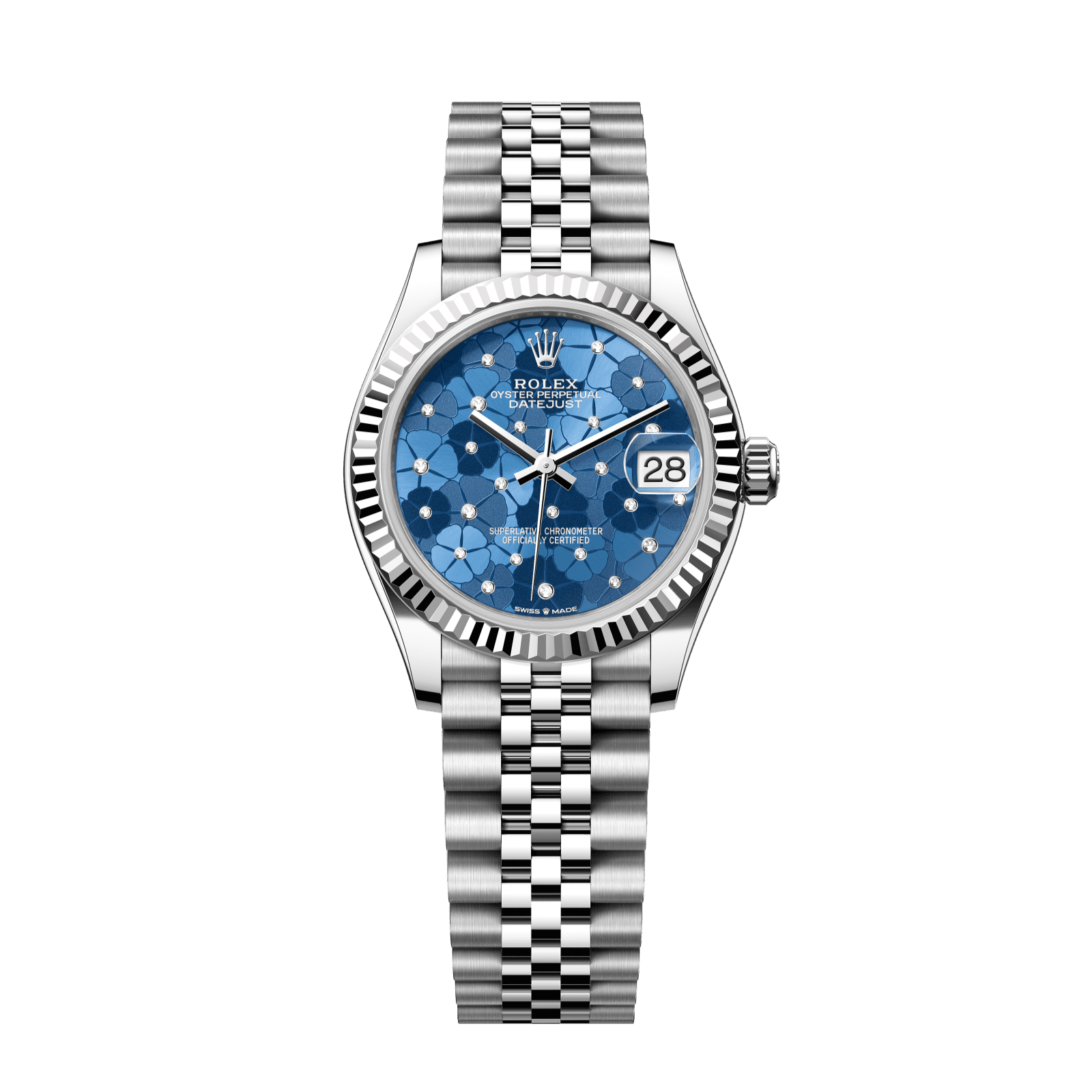 Rolex Datejust 31 31 mm Azzurro Blue, Floral Motif Set With Diamonds Dial Oystersteel and White Gold Jubilee Bracelet 278274-0036 - WATCHXNYC