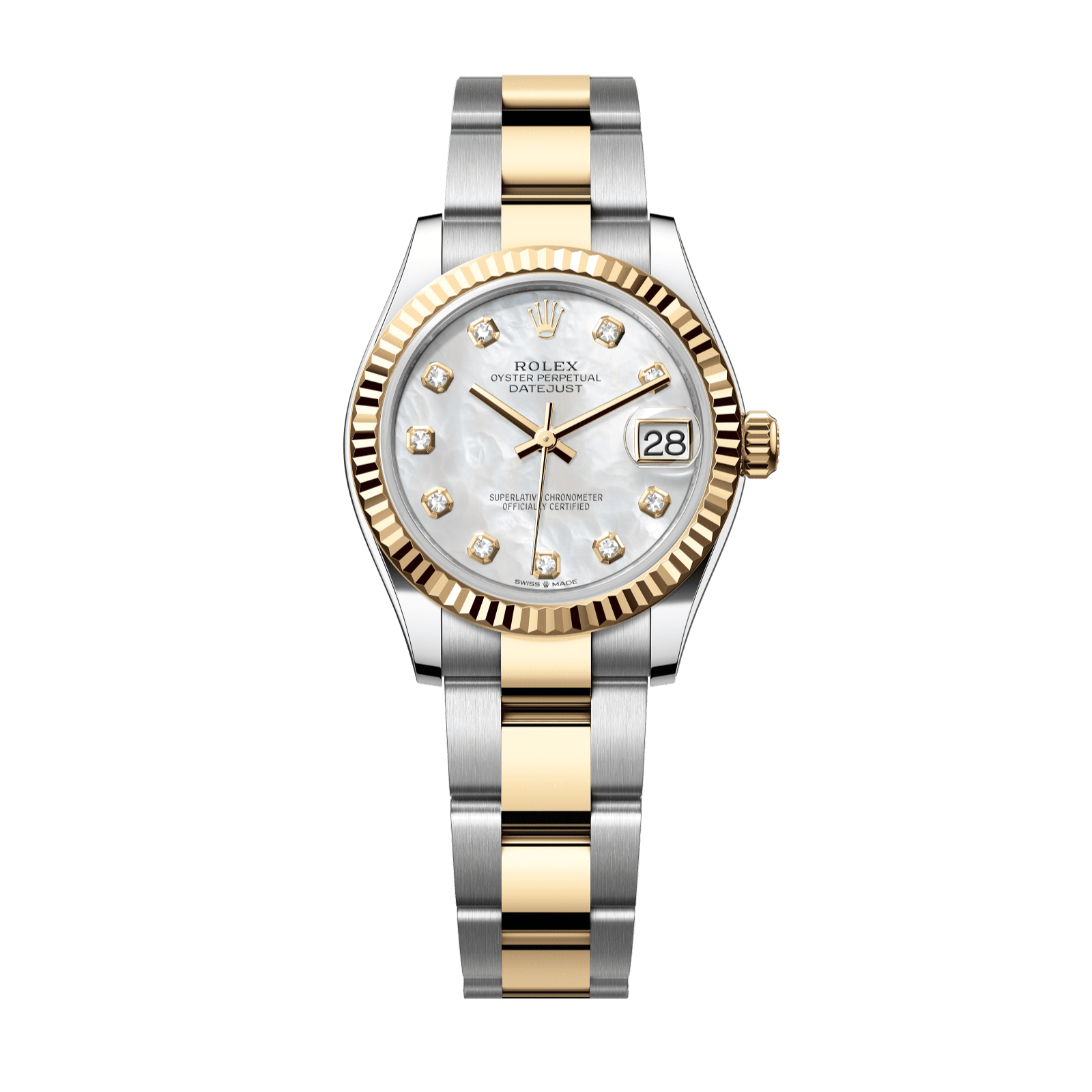 Rolex Datejust 31 31 mm White Mother-Of-Pearl Set With Diamonds Dial Oystersteel and 18k Yellow Gold Oyster Bracelet 278273-0027 - WATCHXNYC