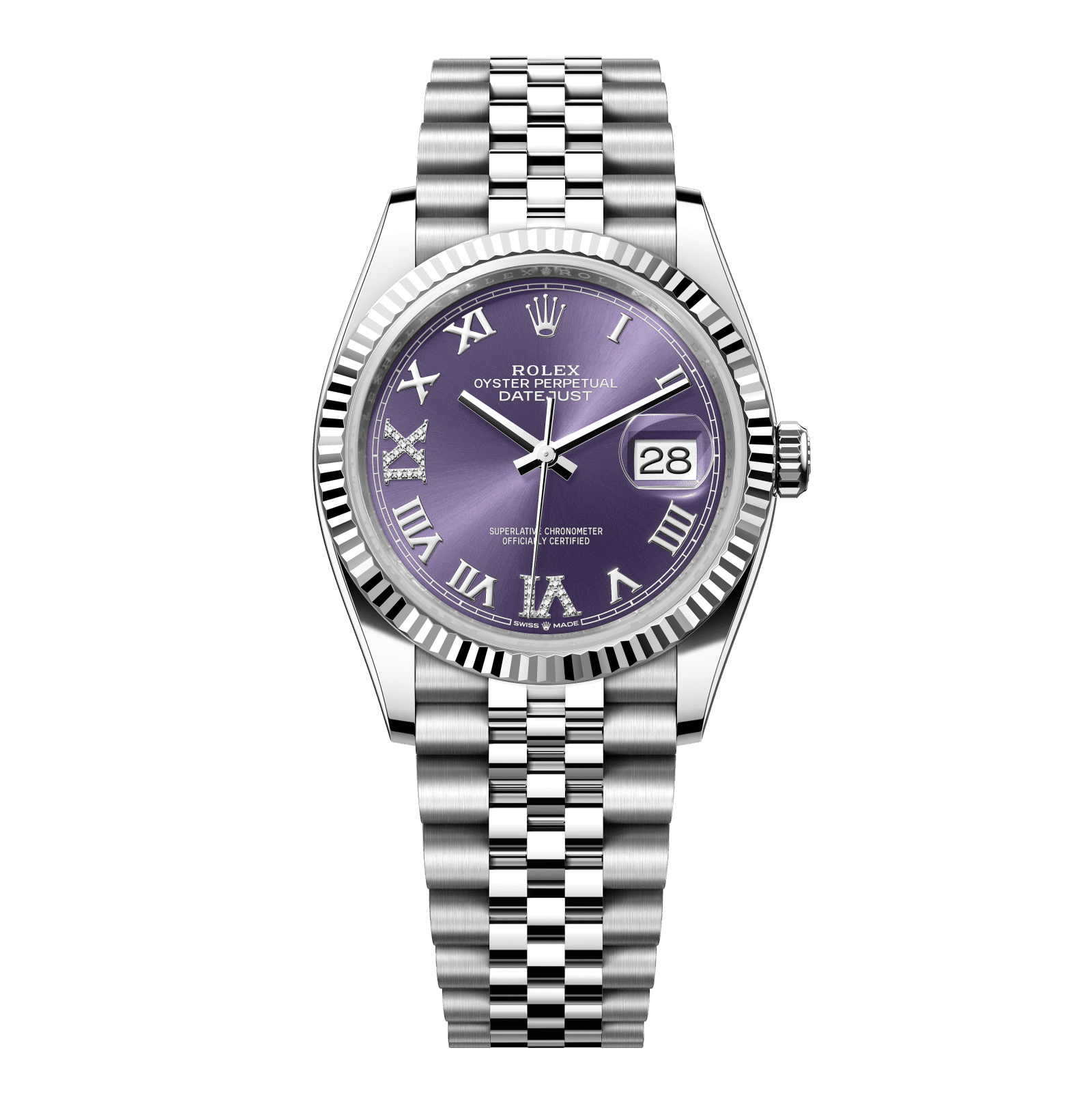 Rolex Datejust 36 36 mm Aubergine Set With Diamonds Dial Oystersteel and White Gold Jubilee Bracelet 126234-0021 - WATCHXNYC