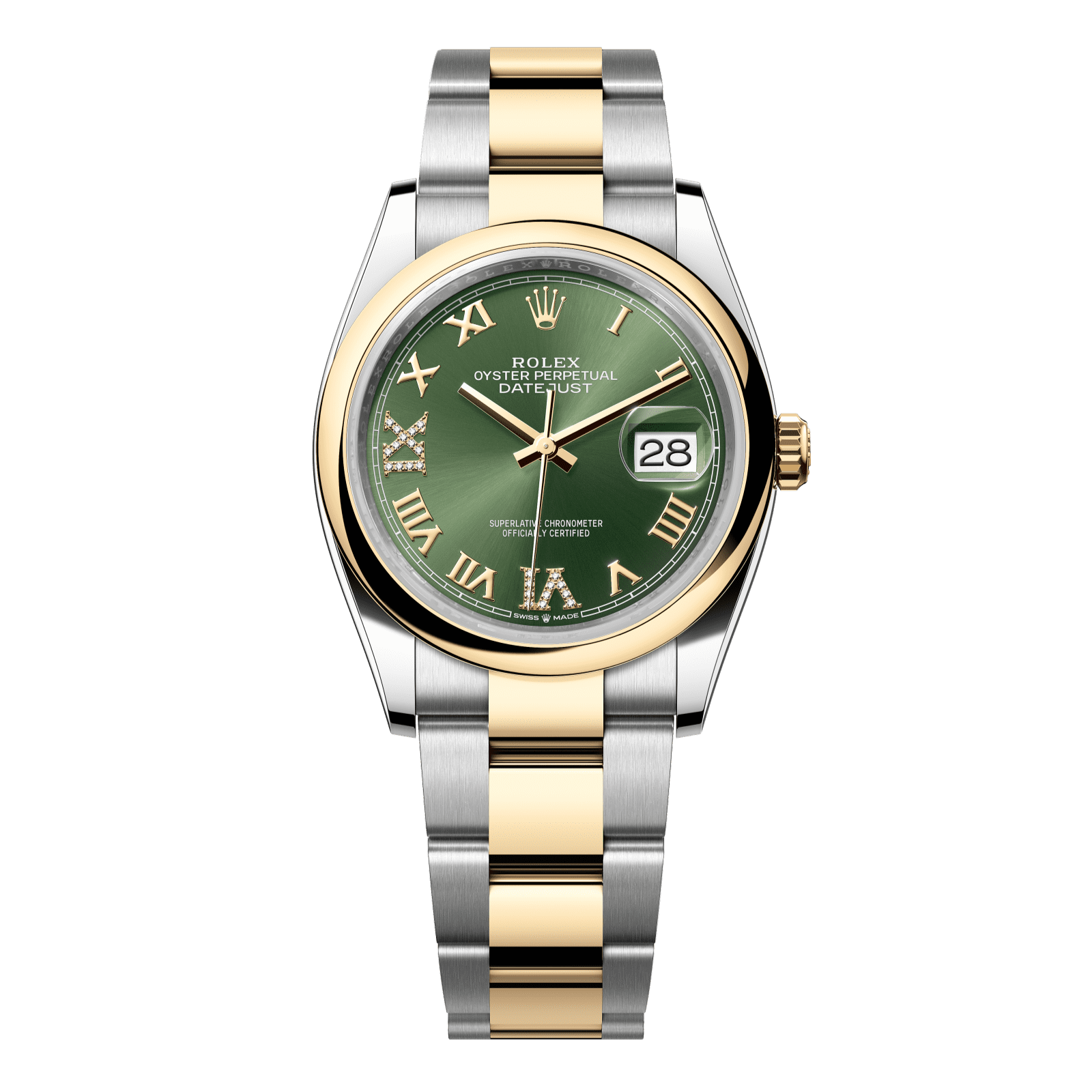Rolex Datejust 36 36 mm Olive Green Set With Diamonds Dial Oystersteel and 18k Yellow Gold Oyster Bracelet 126203-0026 - WATCHXNYC