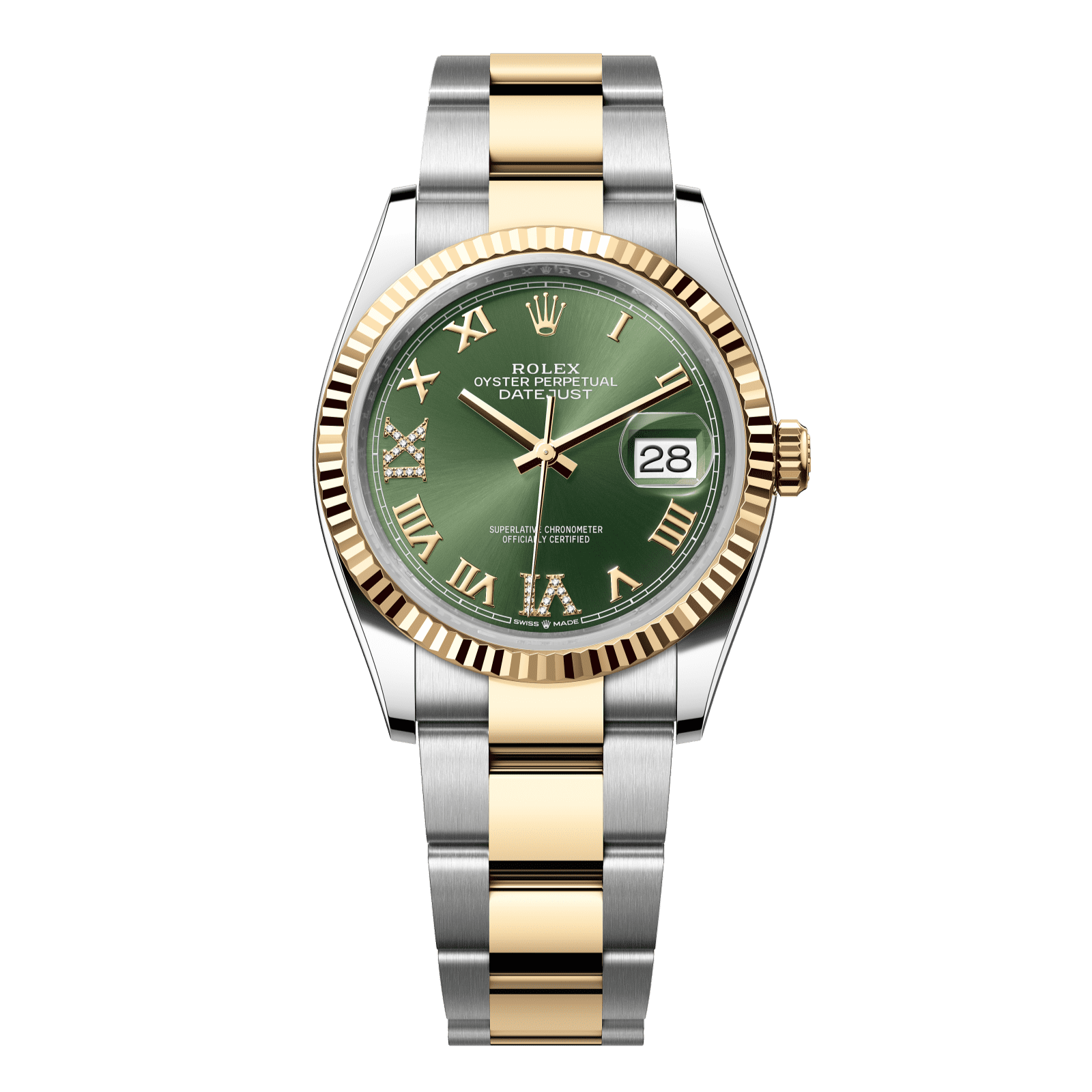 Rolex Datejust 36 36 mm Olive Green Set With Diamonds Dial Oystersteel and 18k Yellow Gold Oyster Bracelet 126233-0026 - WATCHXNYC