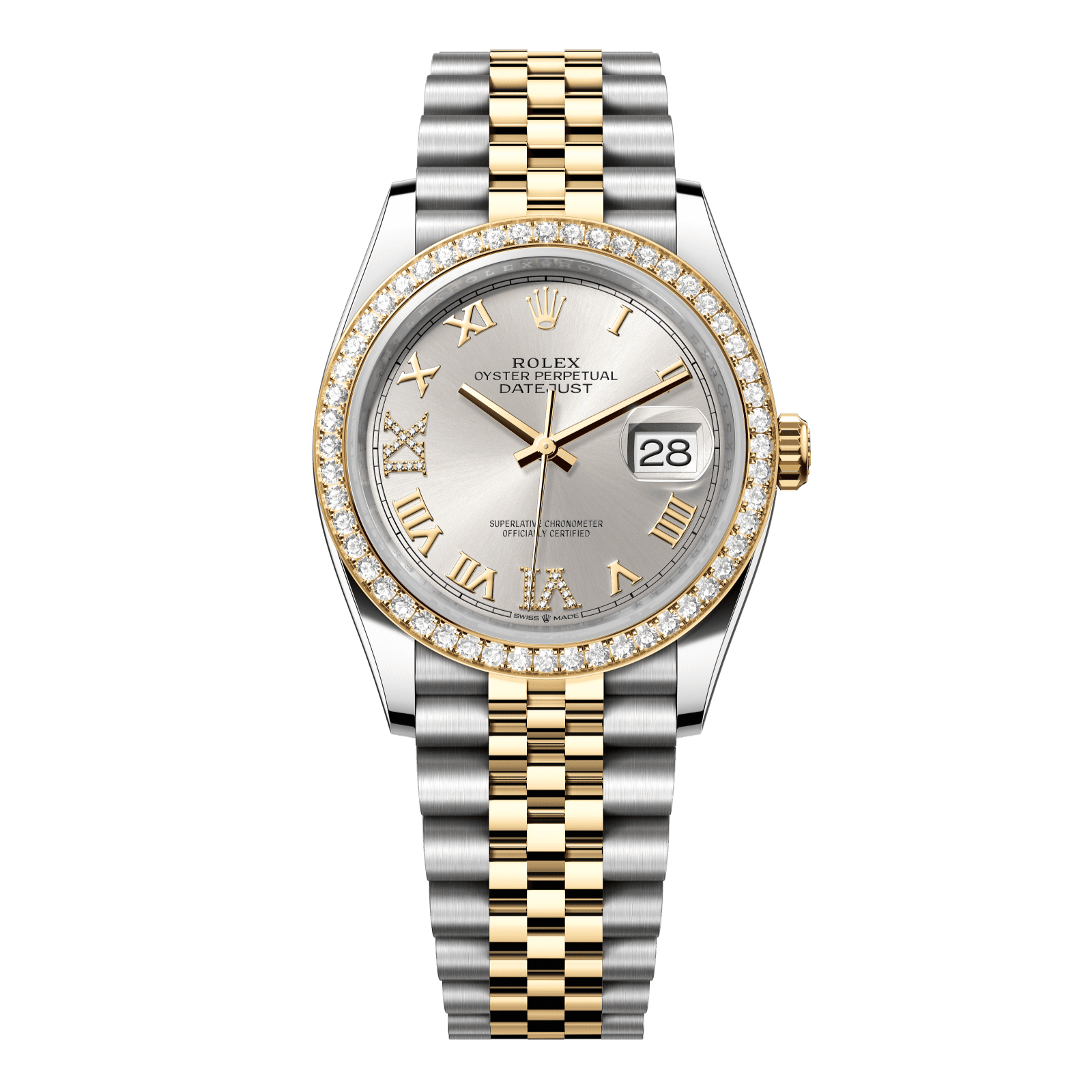 Rolex Datejust 36 36 mm Silver Set With Diamonds Dial Oystersteel and 18k Yellow Gold Jubilee Bracelet 126283rbr-0017 - WATCHXNYC