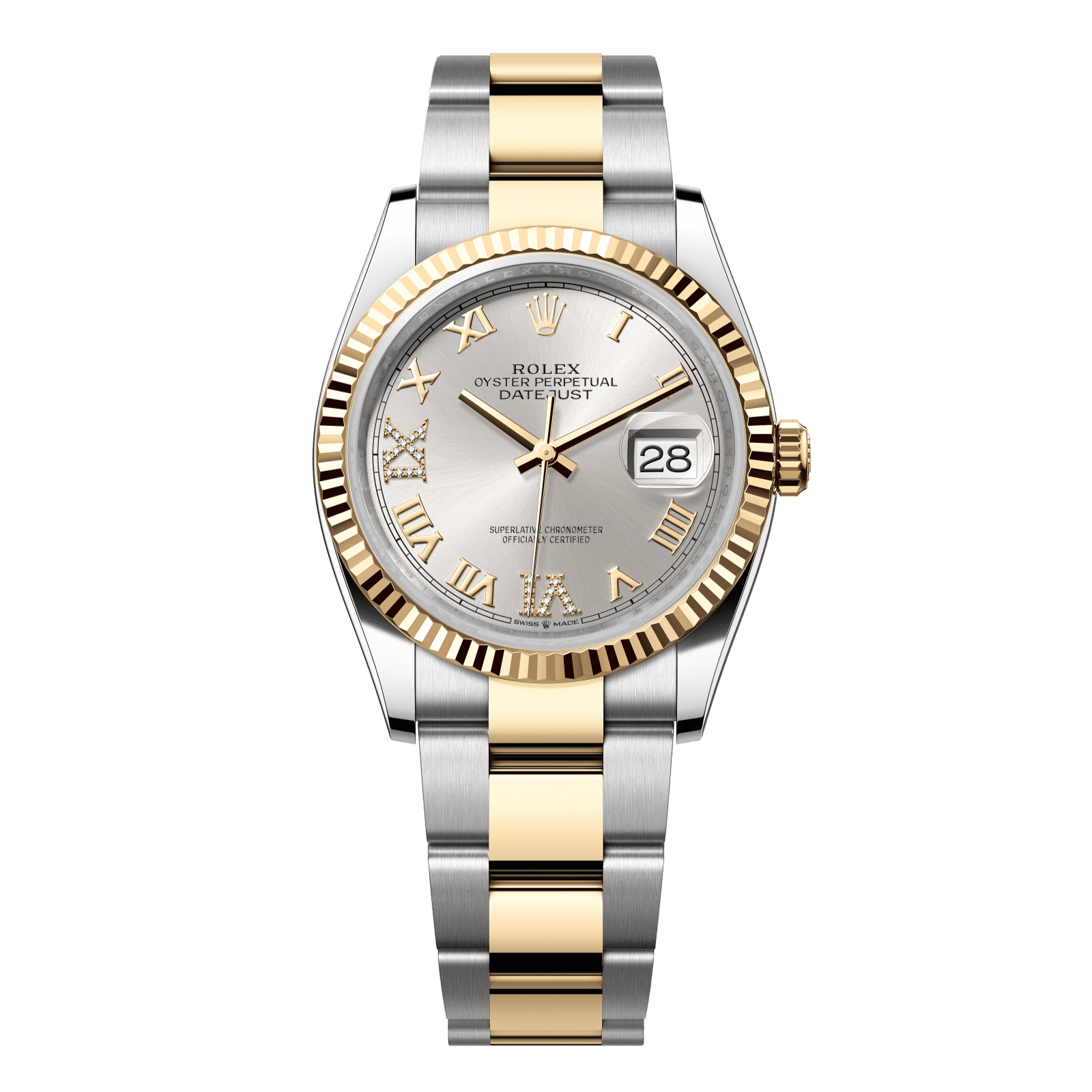 Rolex Datejust 36 36 mm Silver Set With Diamonds Dial Oystersteel and 18k Yellow Gold Oyster Bracelet 126233-0032 - WATCHXNYC