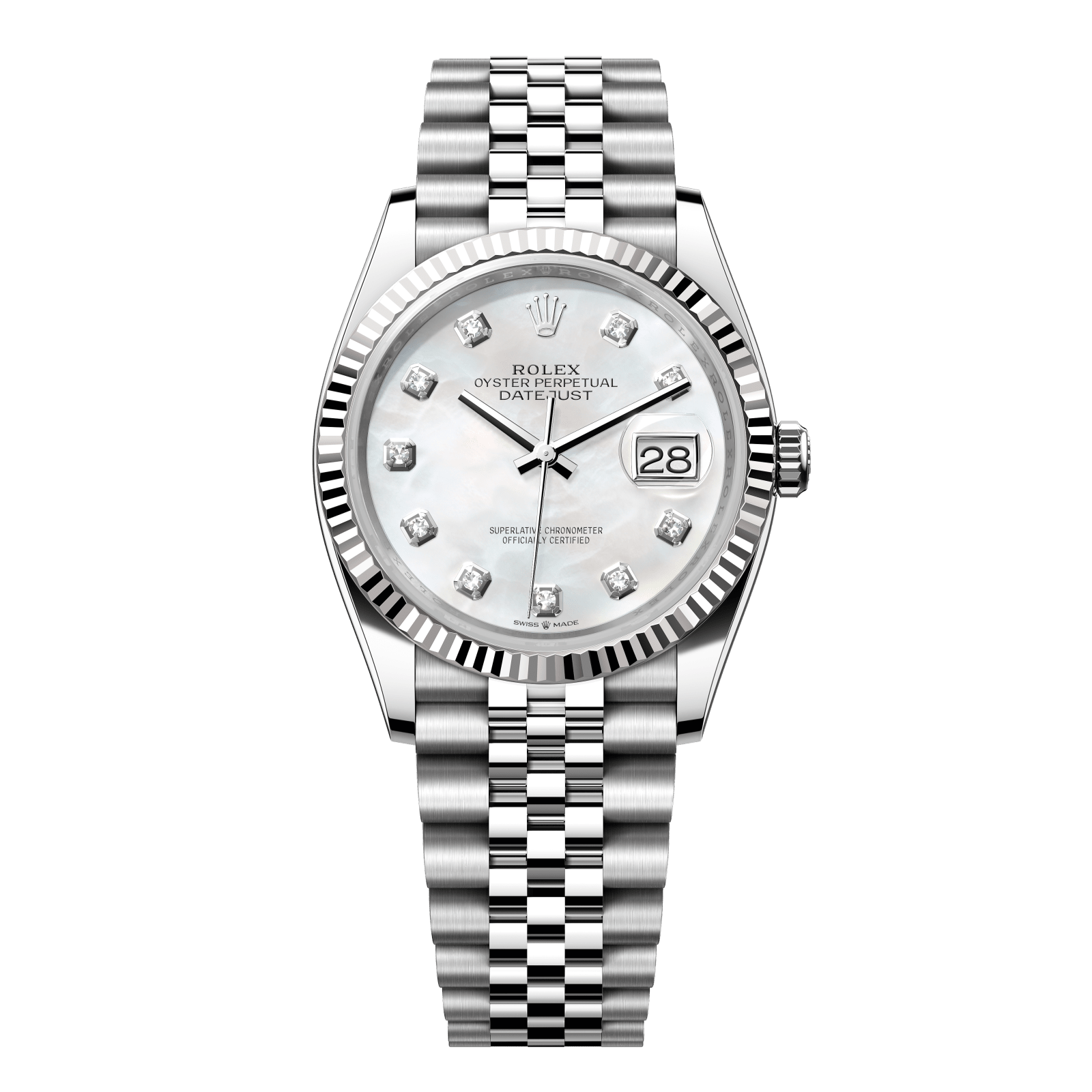 Rolex Datejust 36 36 mm White Mother-Of-Pearl Dial with Diamonds Oystersteel and White Gold Jubilee Bracelet 126234-0019 - WATCHXNYC