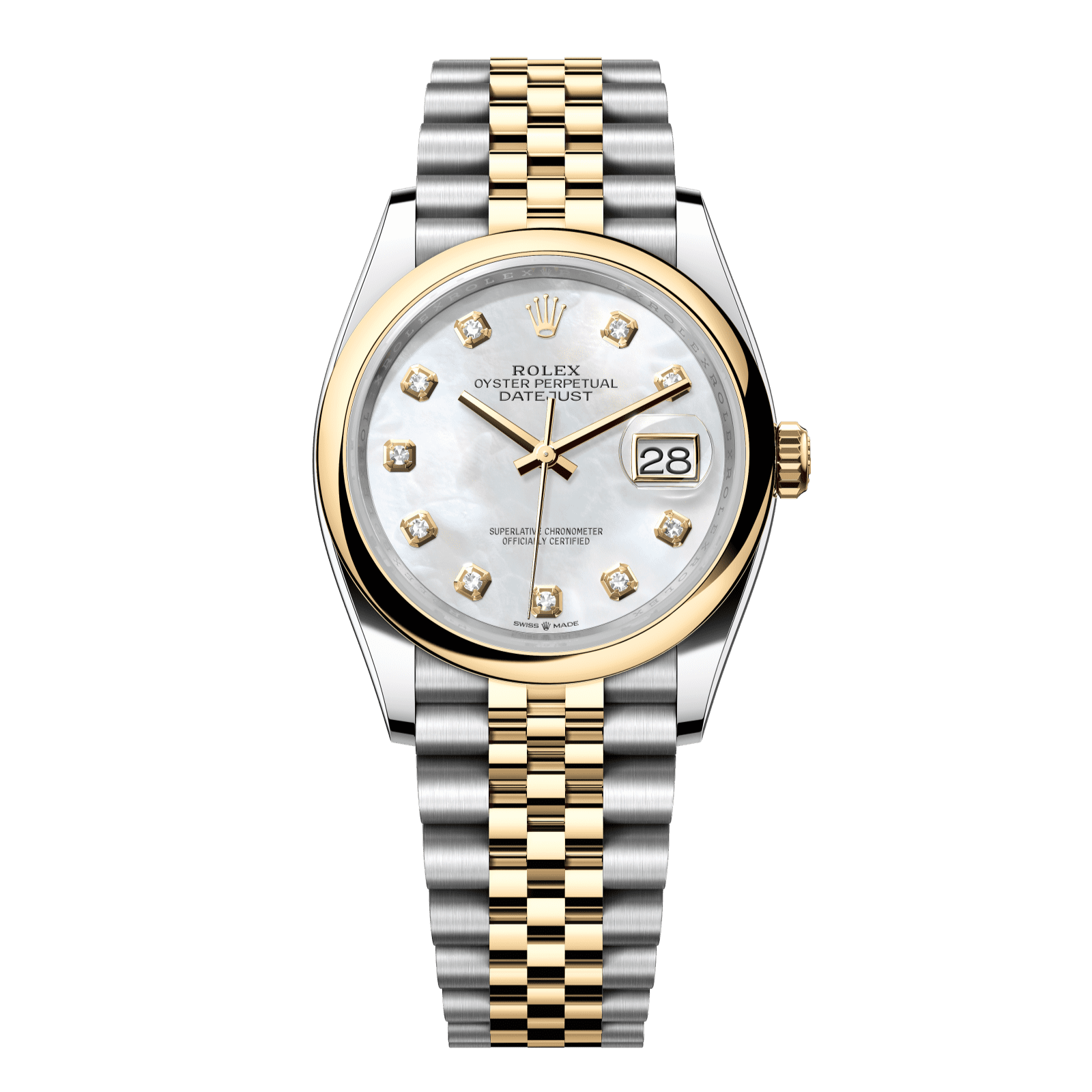 Rolex Datejust 36 36 mm White Mother-Of-Pearl Set With Diamonds Dial Oystersteel and 18k Yellow Gold Jubilee Bracelet 126203-0023 - WATCHXNYC