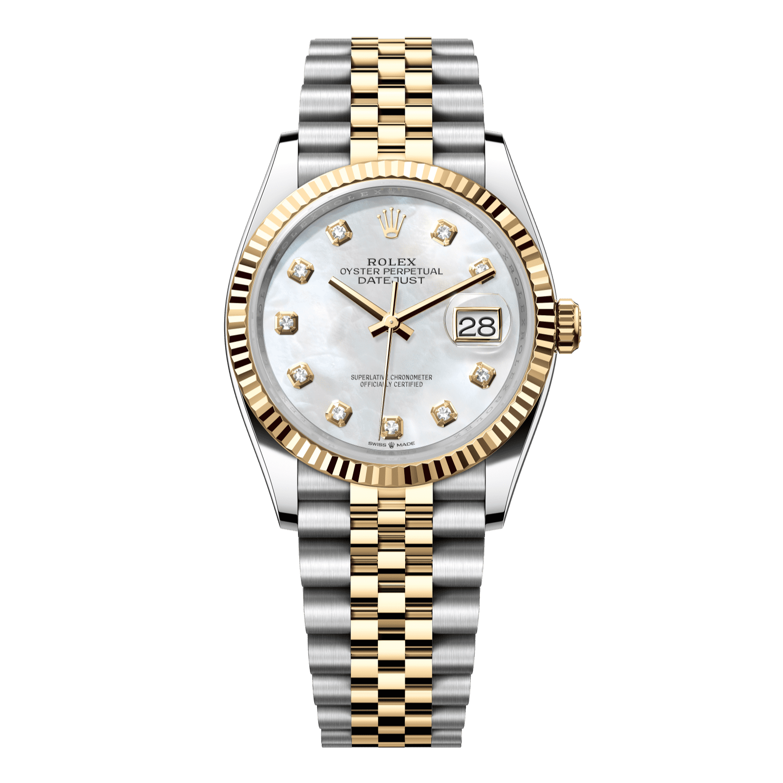 Rolex Datejust 36 36 mm White Mother-Of-Pearl Set With Diamonds Dial Oystersteel and 18k Yellow Gold Jubilee Bracelet 126233-0023 - WATCHXNYC
