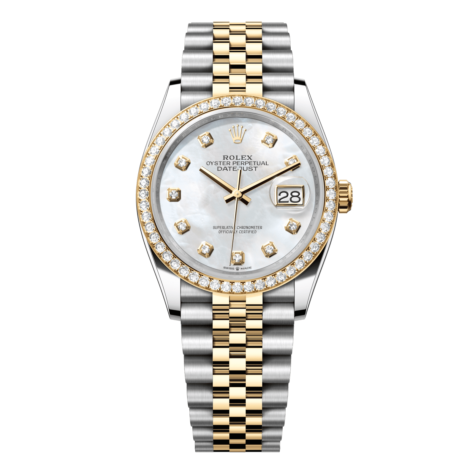 Rolex Datejust 36 36 mm White Mother-Of-Pearl Set With Diamonds Dial Oystersteel and 18k Yellow Gold Jubilee Bracelet 126283rbr-0009 - WATCHXNYC