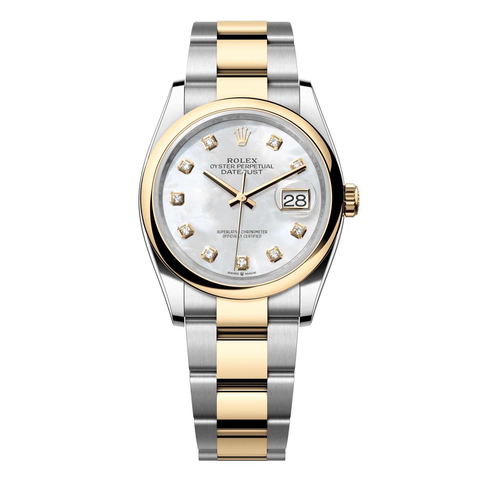 Rolex Datejust 36 36 mm White Mother-Of-Pearl Set With Diamonds Dial Oystersteel and 18k Yellow Gold Oyster Bracelet 126203-0024 - WATCHXNYC
