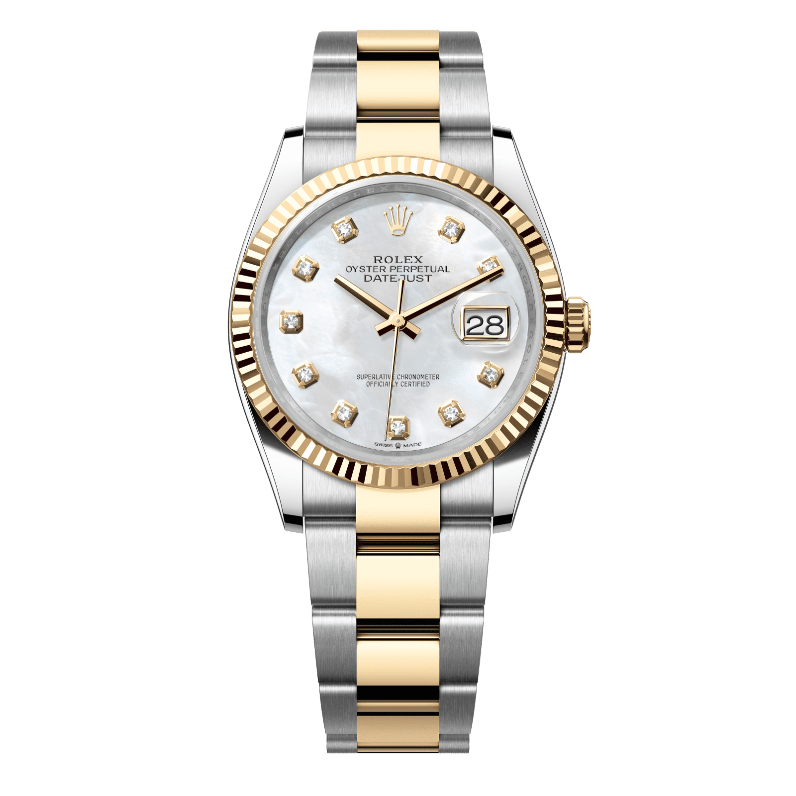 Rolex Datejust 36 36 mm White Mother-Of-Pearl Set With Diamonds Dial Oystersteel and 18k Yellow Gold Oyster Bracelet 126233-0024 - WATCHXNYC