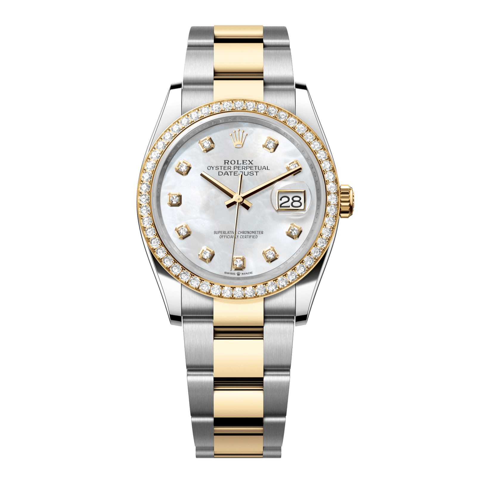 Rolex Datejust 36 36 mm White Mother-Of-Pearl Set With Diamonds Dial Oystersteel and 18k Yellow Gold Oyster Bracelet 126283rbr-0010 - WATCHXNYC