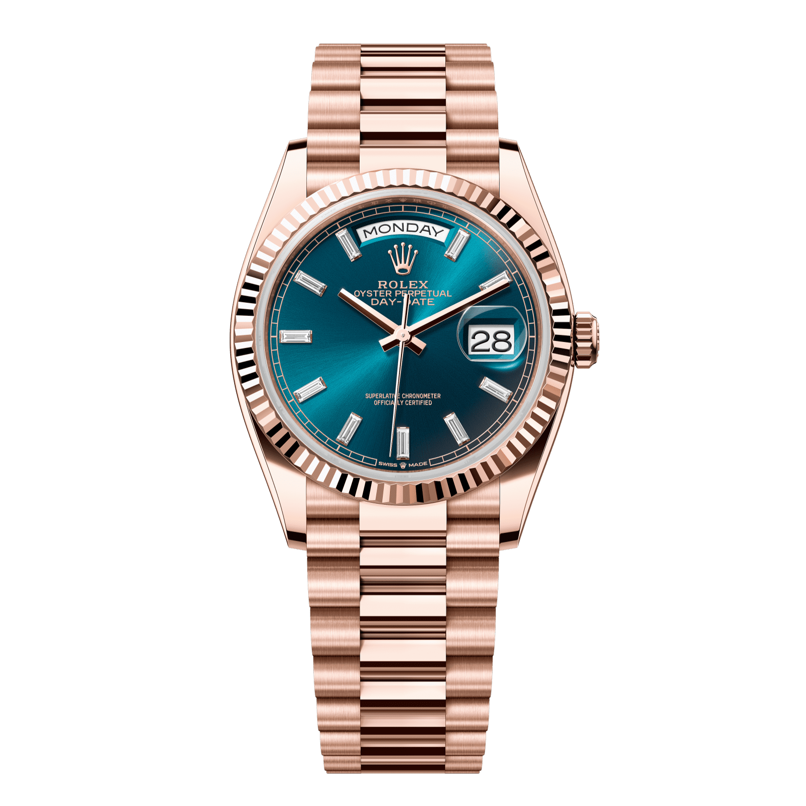 Rolex Day-Date 36 36 mm Blue-Green Set With Diamonds Dial 18 kt Everose Gold President Bracelet 128235-0085 - WATCHXNYC