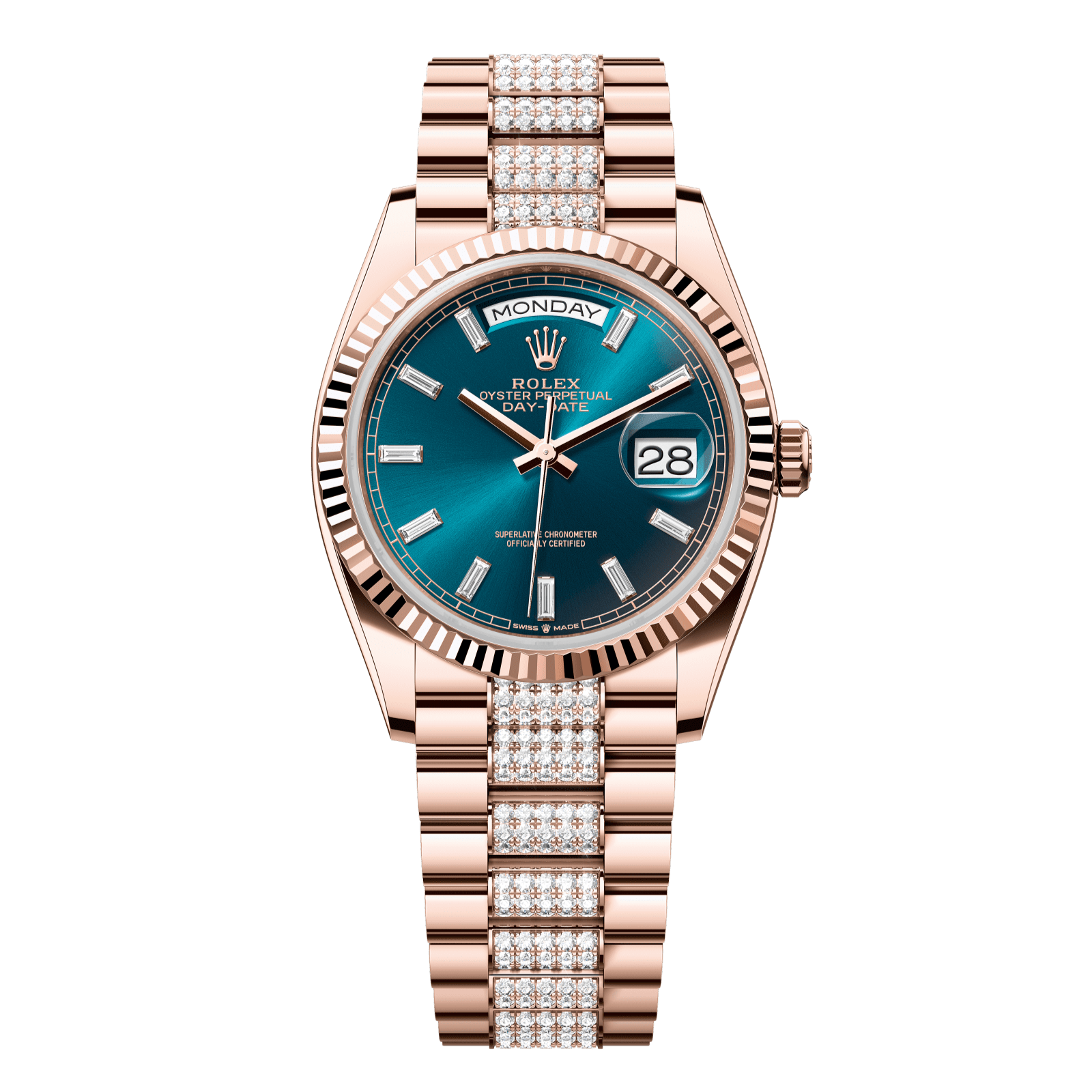 Rolex Day-Date 36 36 mm Blue-Green Set With Diamonds Dial 18 kt Everose Gold President Bracelet 128235-0086 - WATCHXNYC