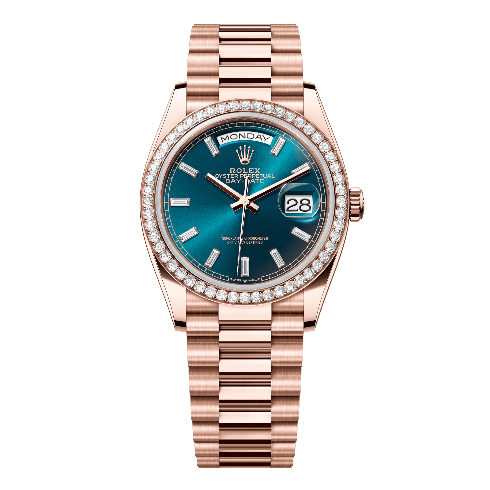 Rolex Day-Date 36 36 mm Blue-Green Set With Diamonds Dial 18 kt Everose Gold President Bracelet 128345rbr-0083 - WATCHXNYC