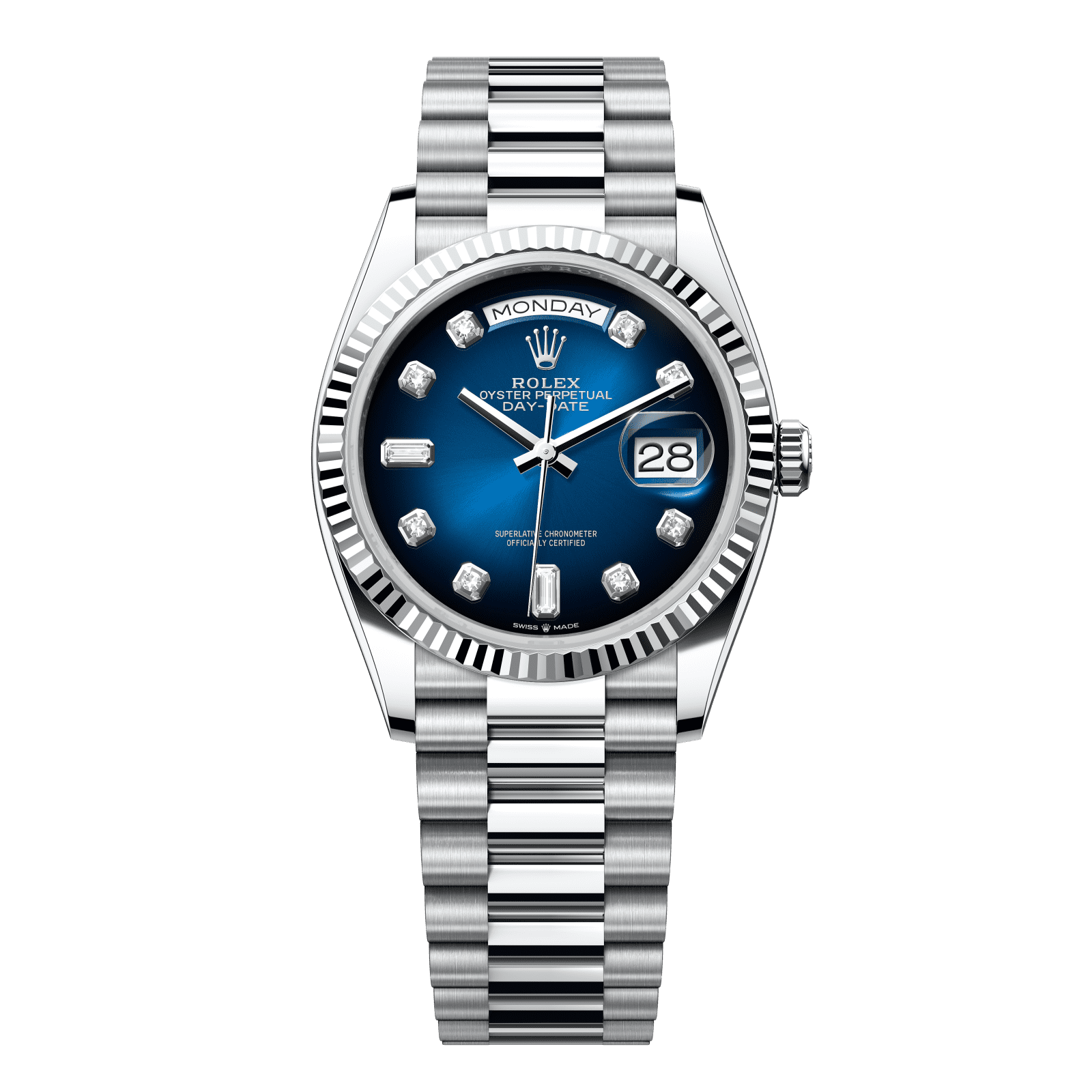 Rolex Day-Date 36 36 mm Blue Ombre? Set With Diamonds Dial Platinum President Bracelet 128236-0005 - WATCHXNYC