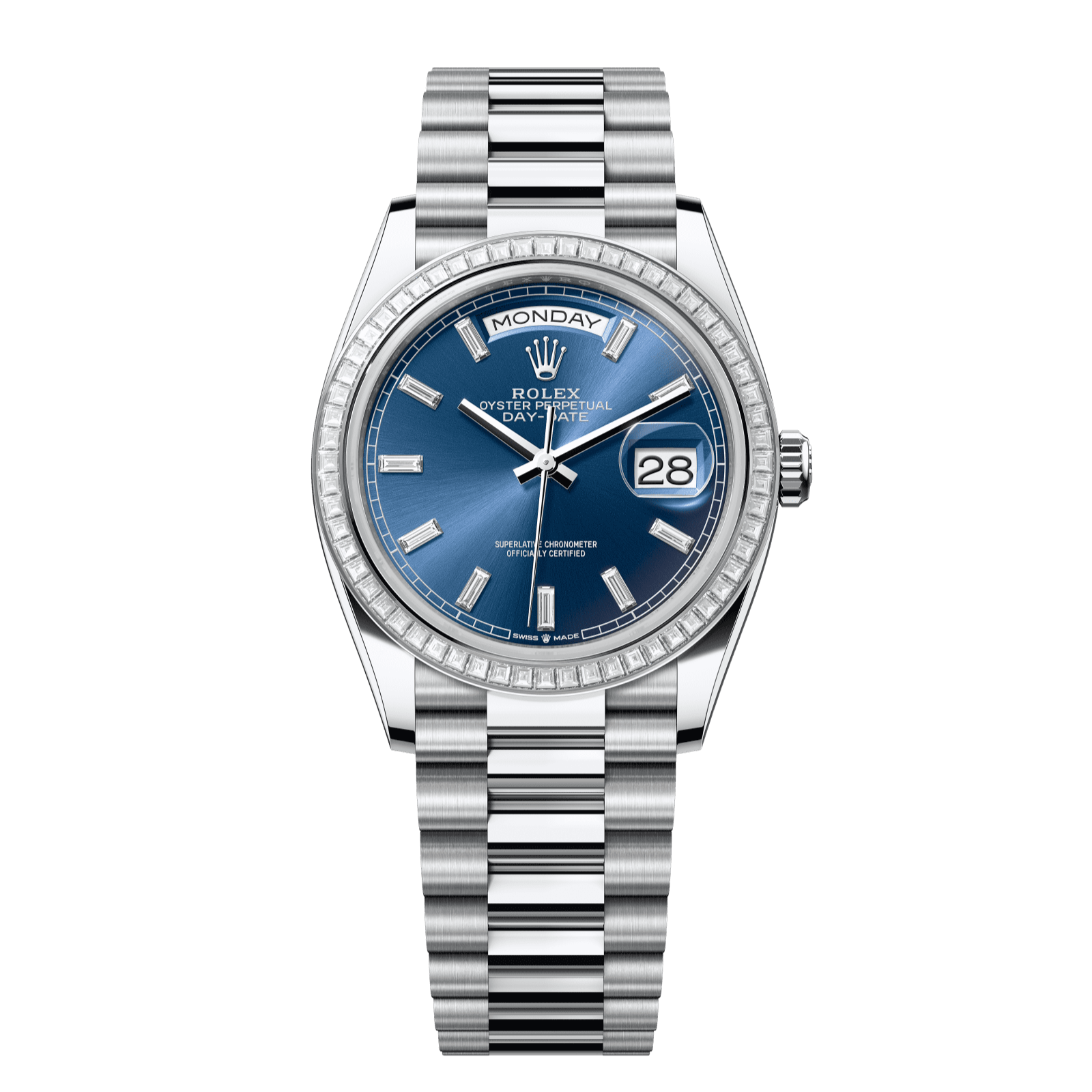 Rolex Day-Date 36 36 mm Bright Blue Set With Diamonds Dial Platinum President Bracelet 128396tbr-0024 - WATCHXNYC