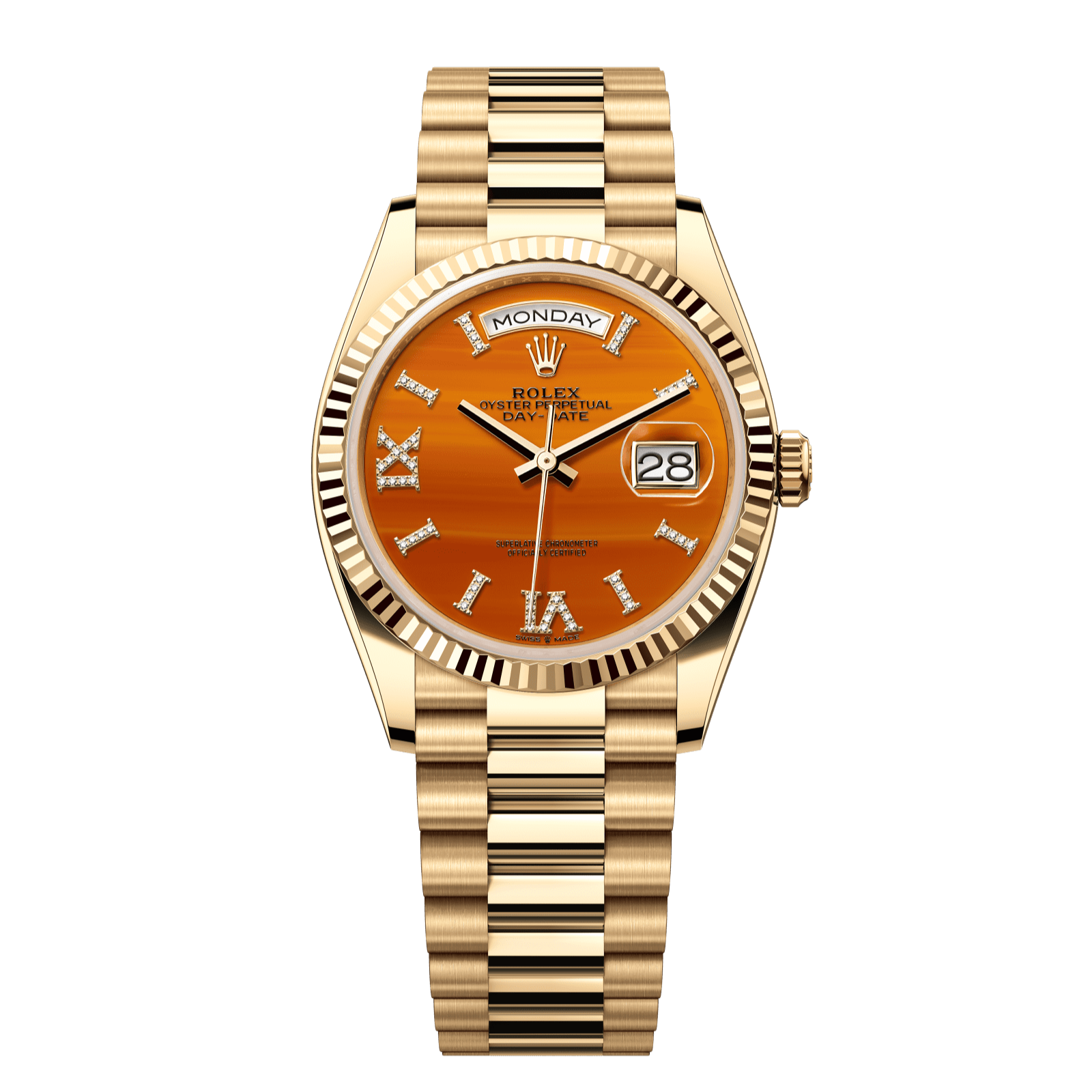 Rolex Day-Date 36 36 mm Carnelian Set With Diamonds Dial 18k Yellow Gold President Bracelet 128238-0088 - WATCHXNYC