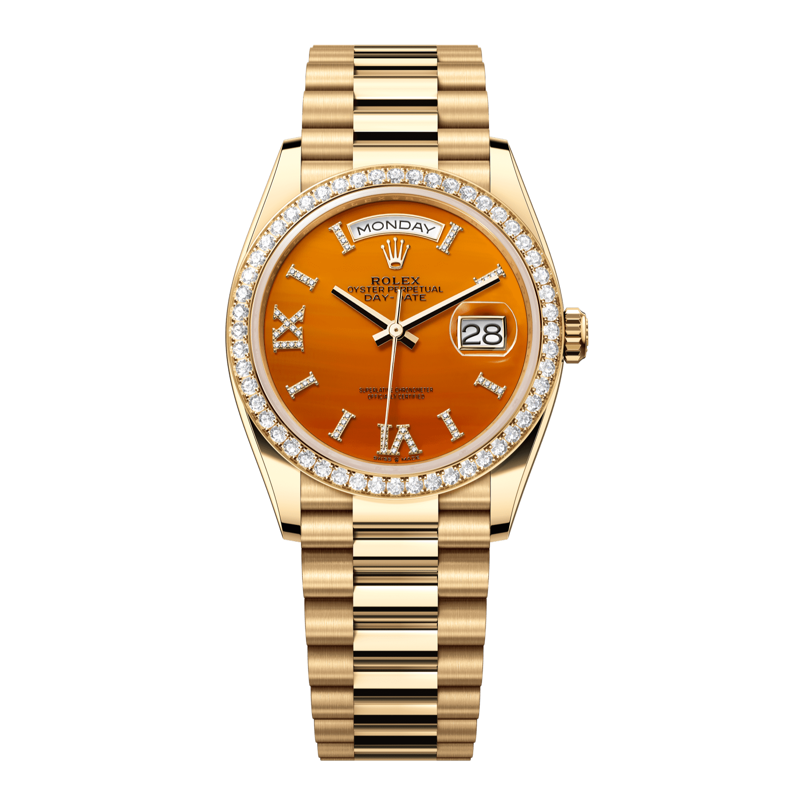 Rolex Day-Date 36 36 mm Carnelian Set With Diamonds Dial 18k Yellow Gold President Bracelet 128348rbr-0049 - WATCHXNYC