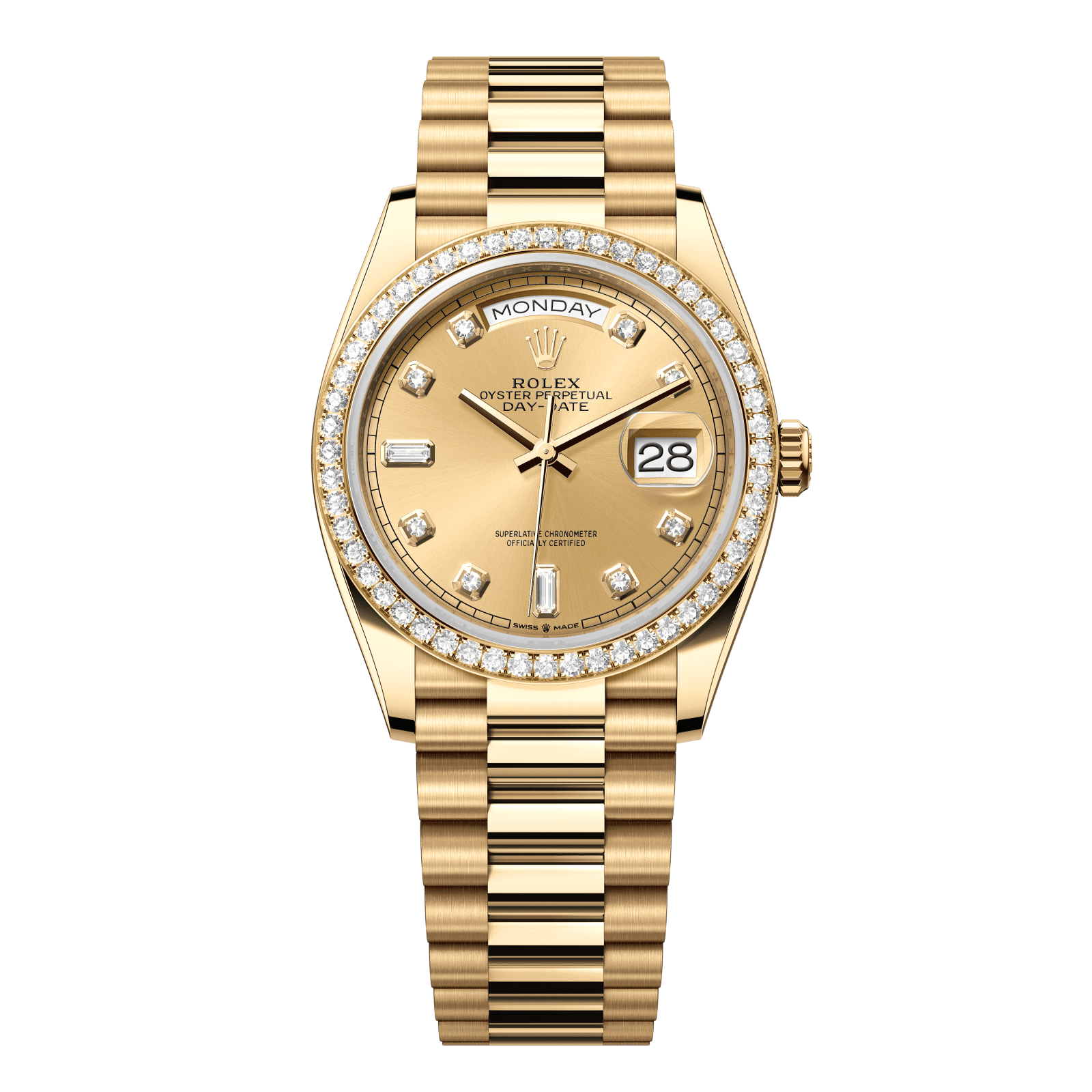 Rolex Day-Date 36 36 mm Champagne-Colour Set With Diamonds Dial 18k Yellow Gold President Bracelet 128348rbr-0008 - WATCHXNYC