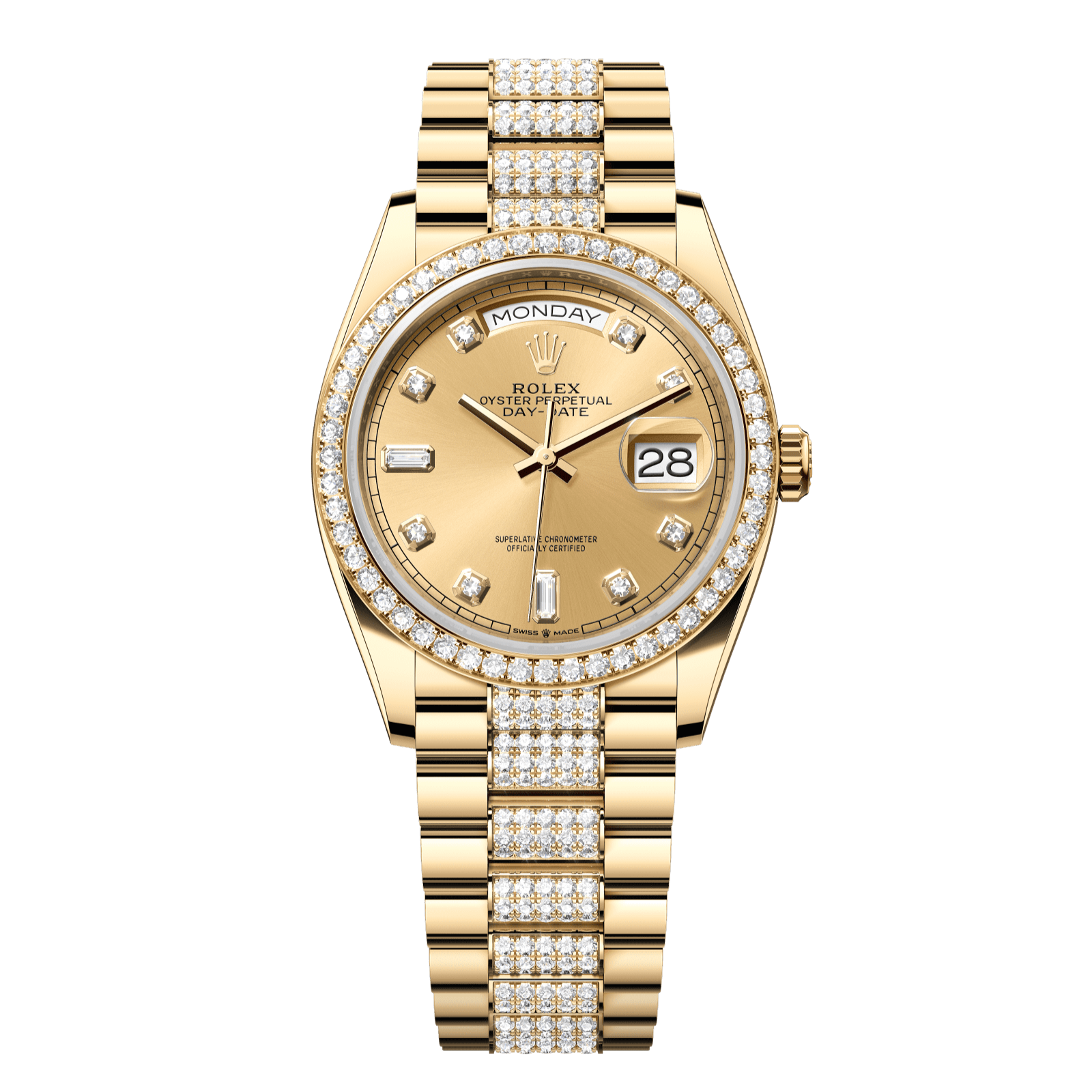 Rolex Day-Date 36 36 mm Champagne-Colour Set With Diamonds Dial 18k Yellow Gold President Bracelet 128348rbr-0010 - WATCHXNYC