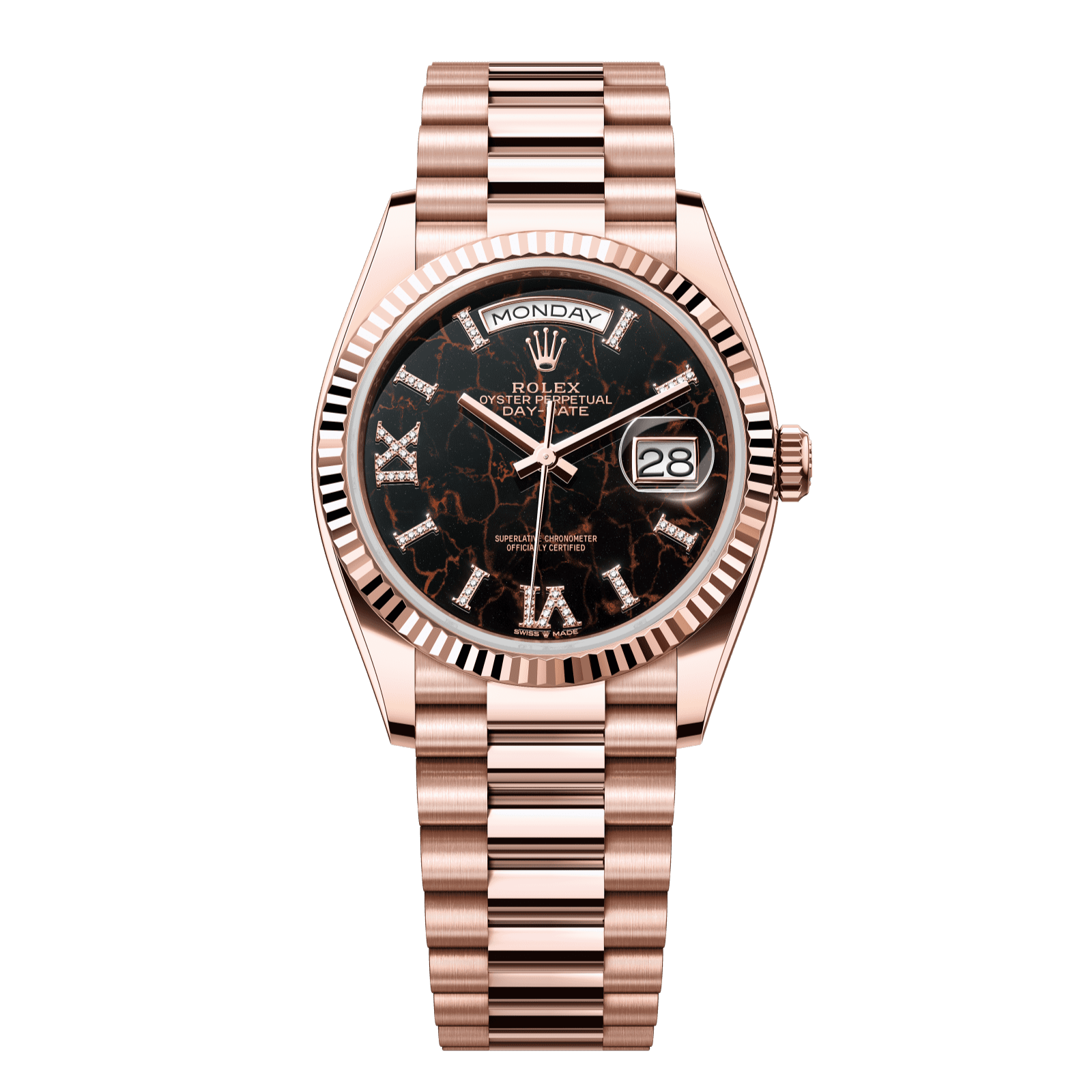 Rolex Day-Date 36 36 mm Eisenkiesel Set With Diamonds Dial 18 kt Everose Gold President Bracelet 128235-0041 - WATCHXNYC