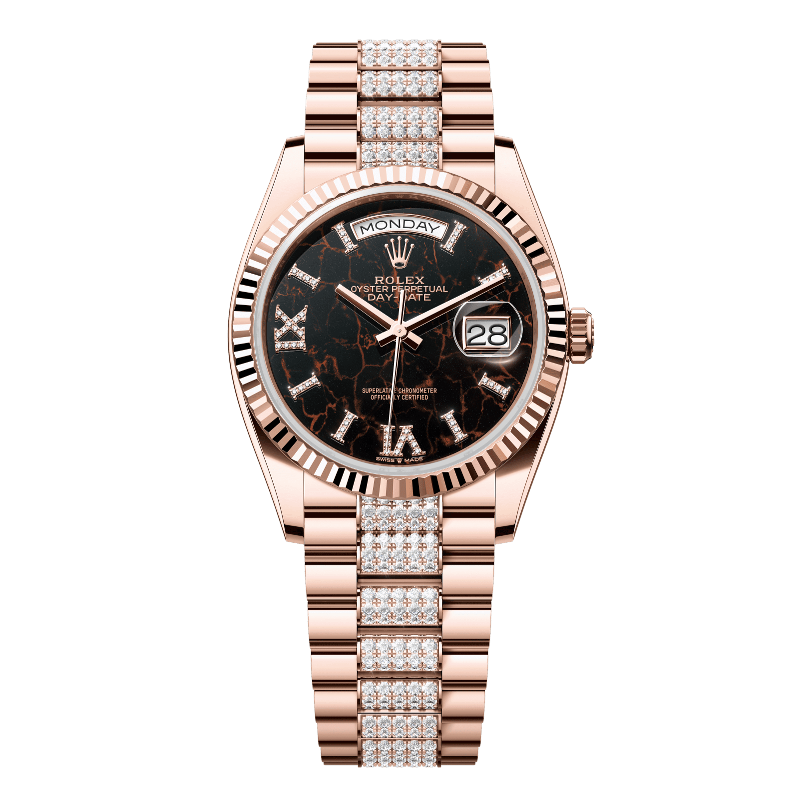 Rolex Day-Date 36 36 mm Eisenkiesel Set With Diamonds Dial 18 kt Everose Gold President Bracelet 128235-0042 - WATCHXNYC