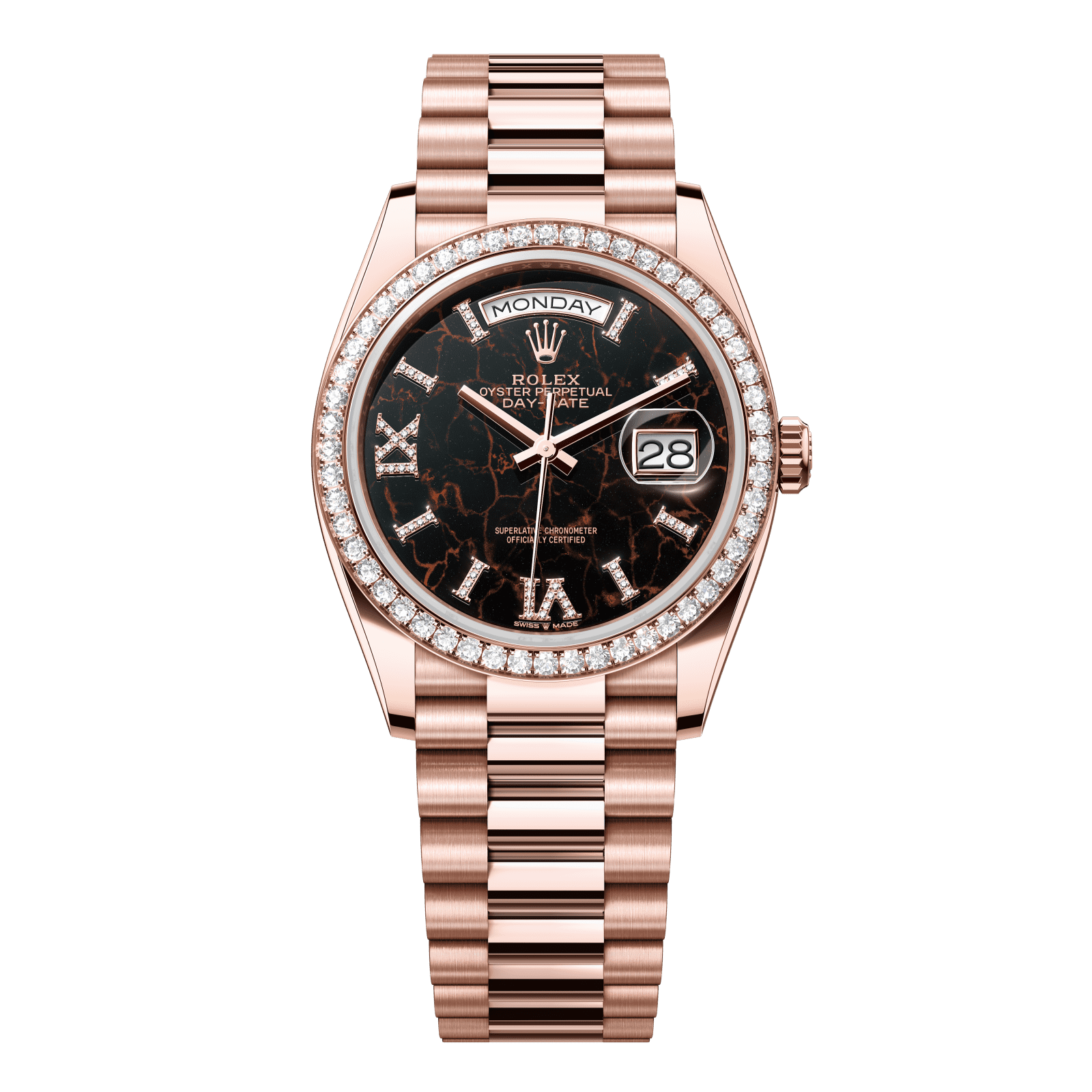 Rolex Day-Date 36 36 mm Eisenkiesel Set With Diamonds Dial 18 kt Everose Gold President Bracelet 128345rbr-0044 - WATCHXNYC