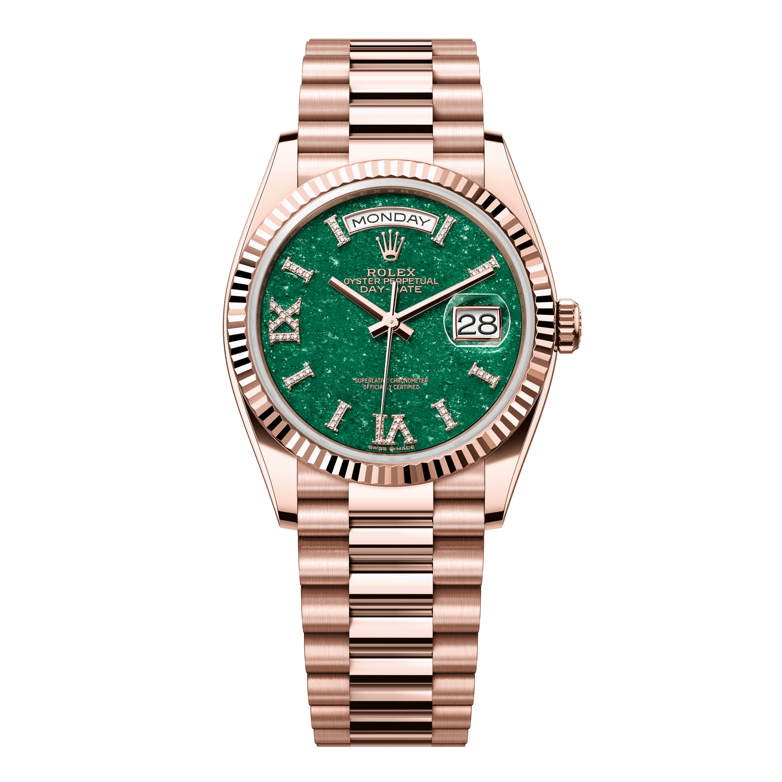 Rolex Day-Date 36 36 mm Green Aventurine Set With Diamonds Dial 18 kt Everose Gold President Bracelet 128235-0068 - WATCHXNYC
