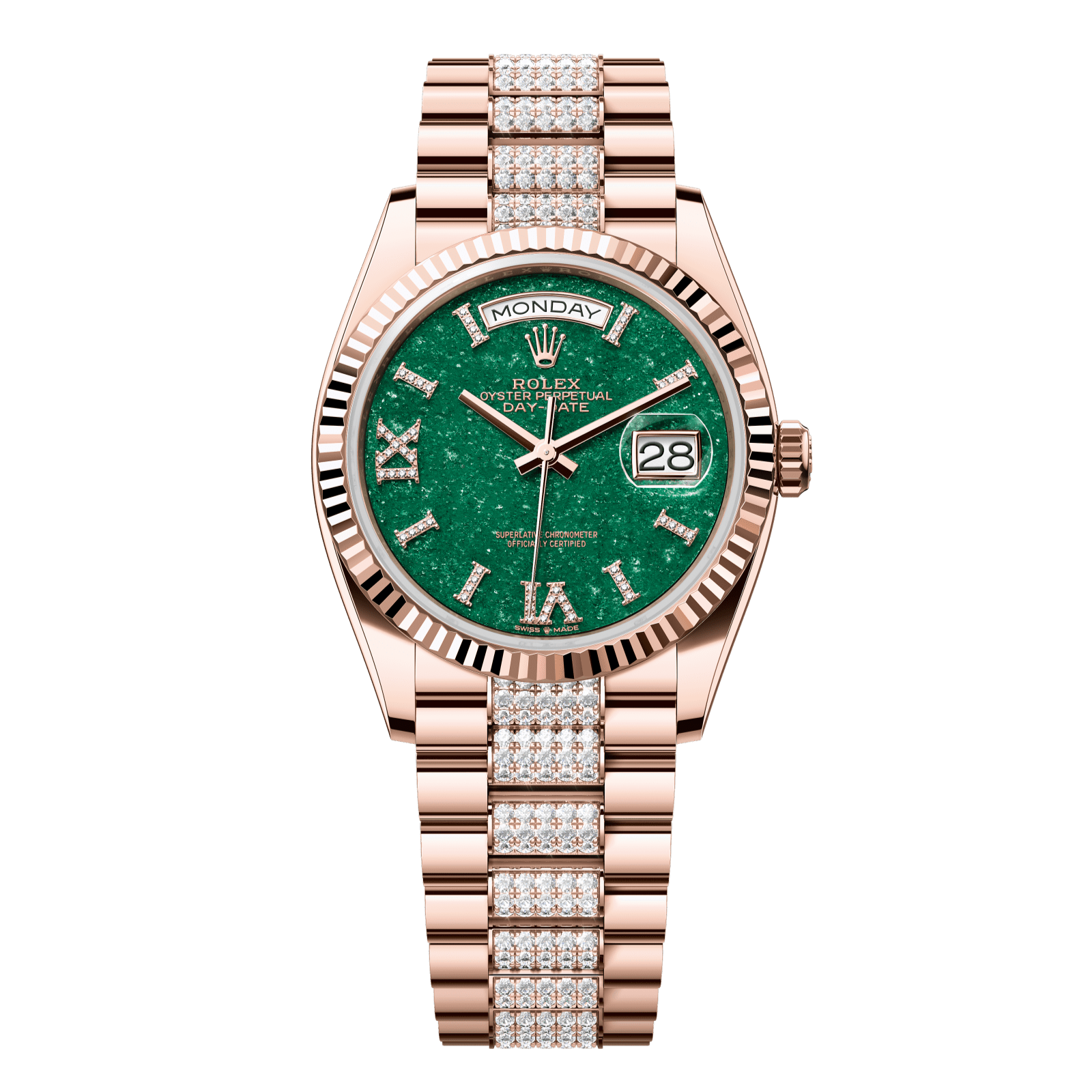 Rolex Day-Date 36 36 mm Green Aventurine Set With Diamonds Dial 18 kt Everose Gold President Bracelet 128235-0069 - WATCHXNYC