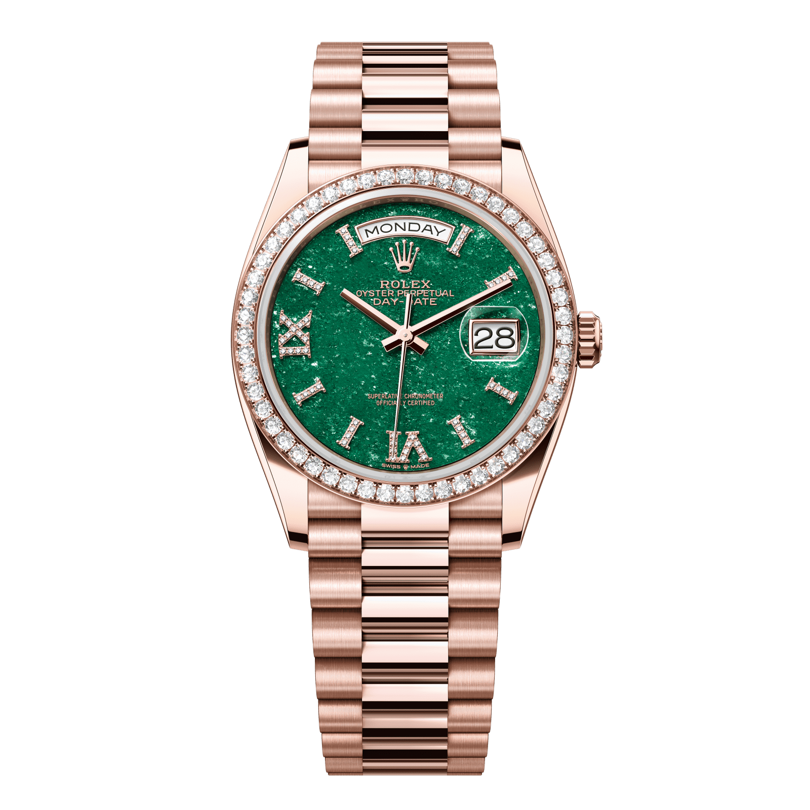 Rolex Day-Date 36 36 mm Green Aventurine Set With Diamonds Dial 18 kt Everose Gold President Bracelet 128345rbr-0068 - WATCHXNYC