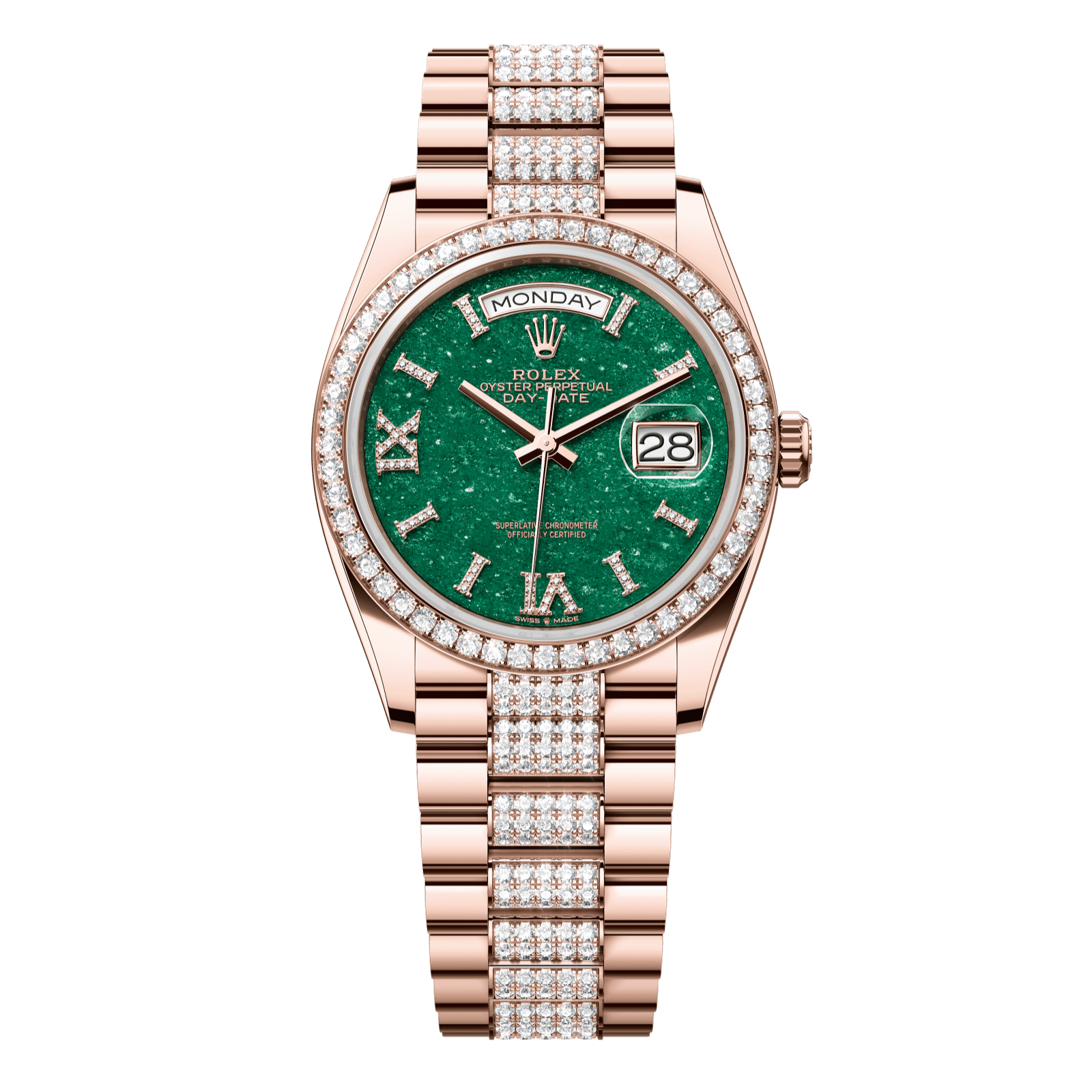 Rolex Day-Date 36 36 mm Green Aventurine Set With Diamonds Dial 18 kt Everose Gold President Bracelet 128345rbr-0069 - WATCHXNYC
