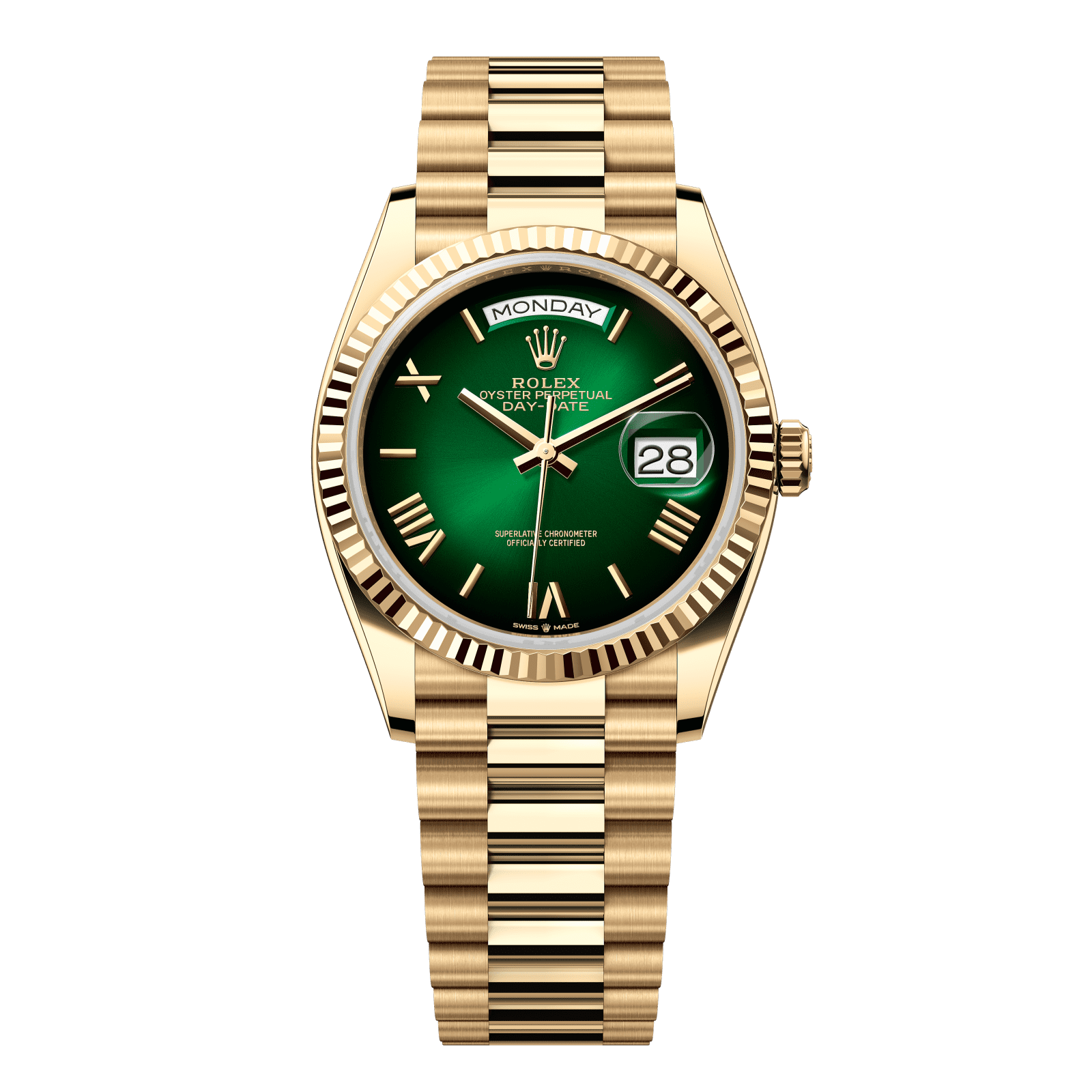Rolex Day-Date 36 36 mm Green OmbrÈ Dial 18k Yellow Gold President Bracelet 128238-0118 - WATCHXNYC