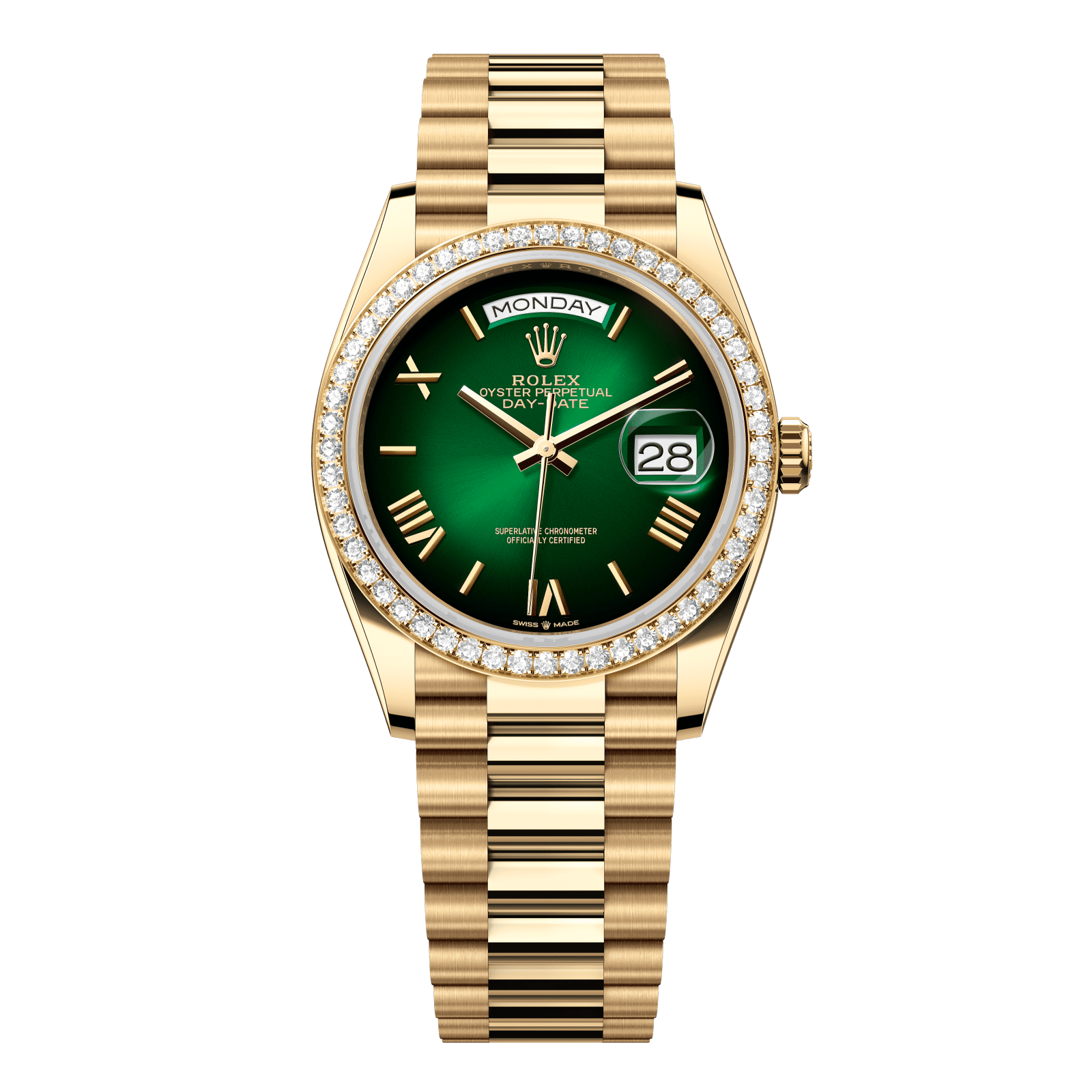 Rolex Day-Date 36 36 mm Green OmbrÈ Dial with Diamonds 18k Yellow Gold President Bracelet 128348rbr-0068 - WATCHXNYC