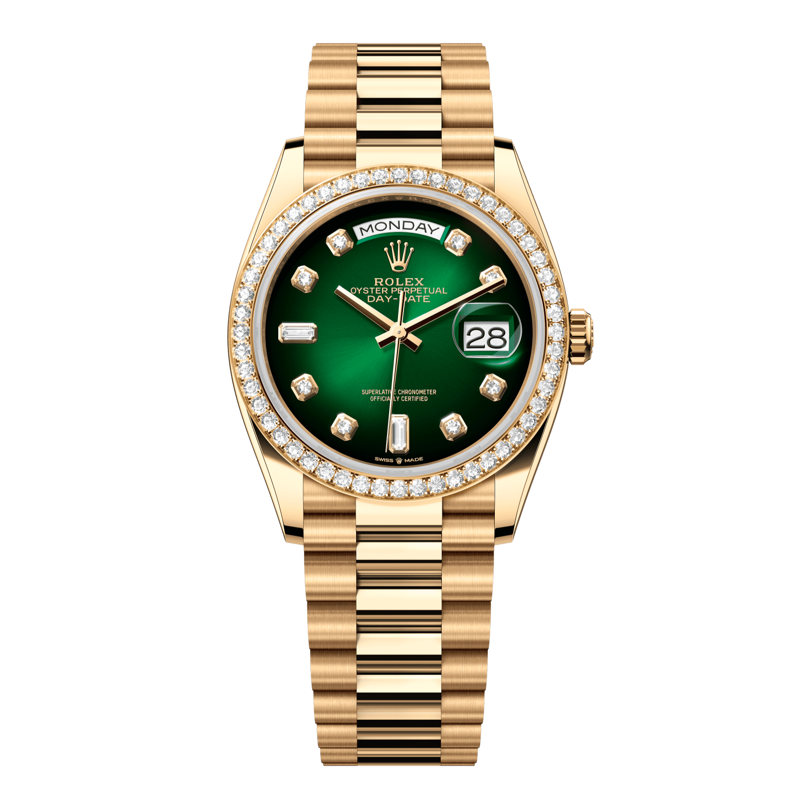 Rolex Day-Date 36 36 mm Green Ombre? Set With Diamonds Dial 18k Yellow Gold President Bracelet 128348rbr-0035 - WATCHXNYC