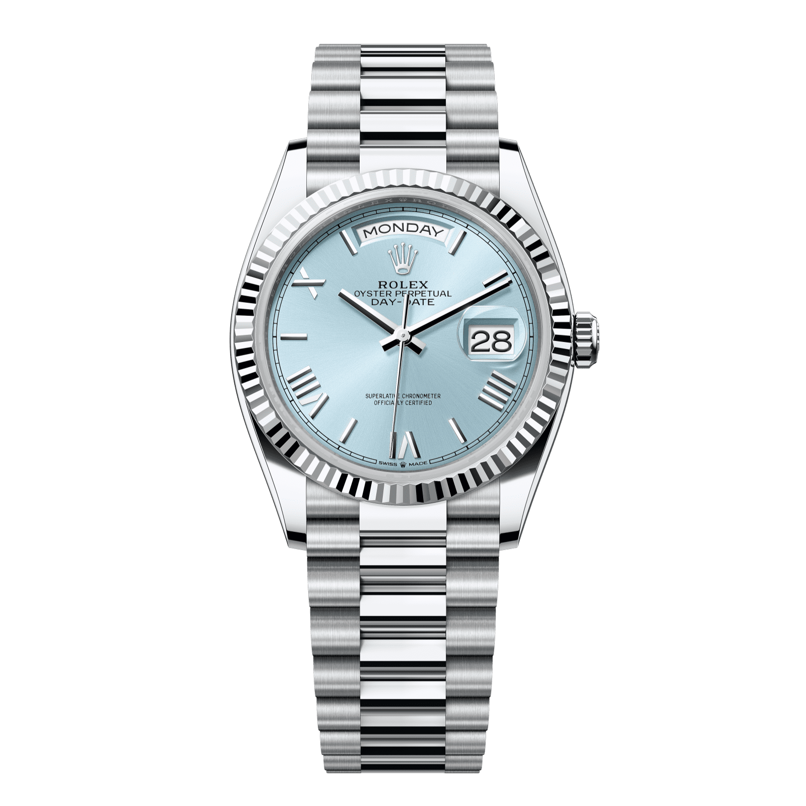 Rolex Day-Date 36 36 mm Ice-Blue Dial Platinum President Bracelet 128236-0018 - WATCHXNYC