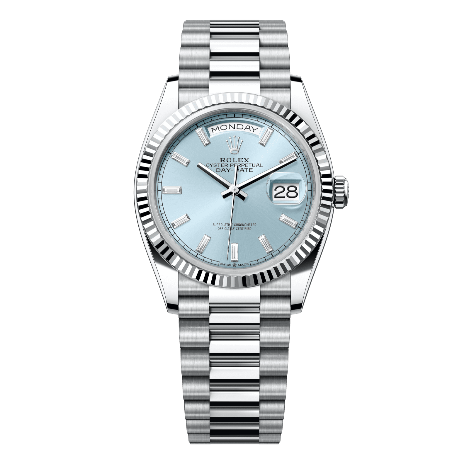 Rolex Day-Date 36 36 mm Ice Blue Set With Diamonds Dial Platinum President Bracelet 128236-0009 - WATCHXNYC