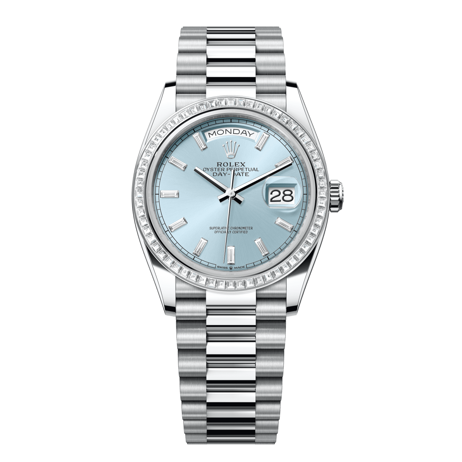 Rolex Day-Date 36 36 mm Ice Blue Set With Diamonds Dial Platinum President Bracelet 128396tbr-0003 - WATCHXNYC