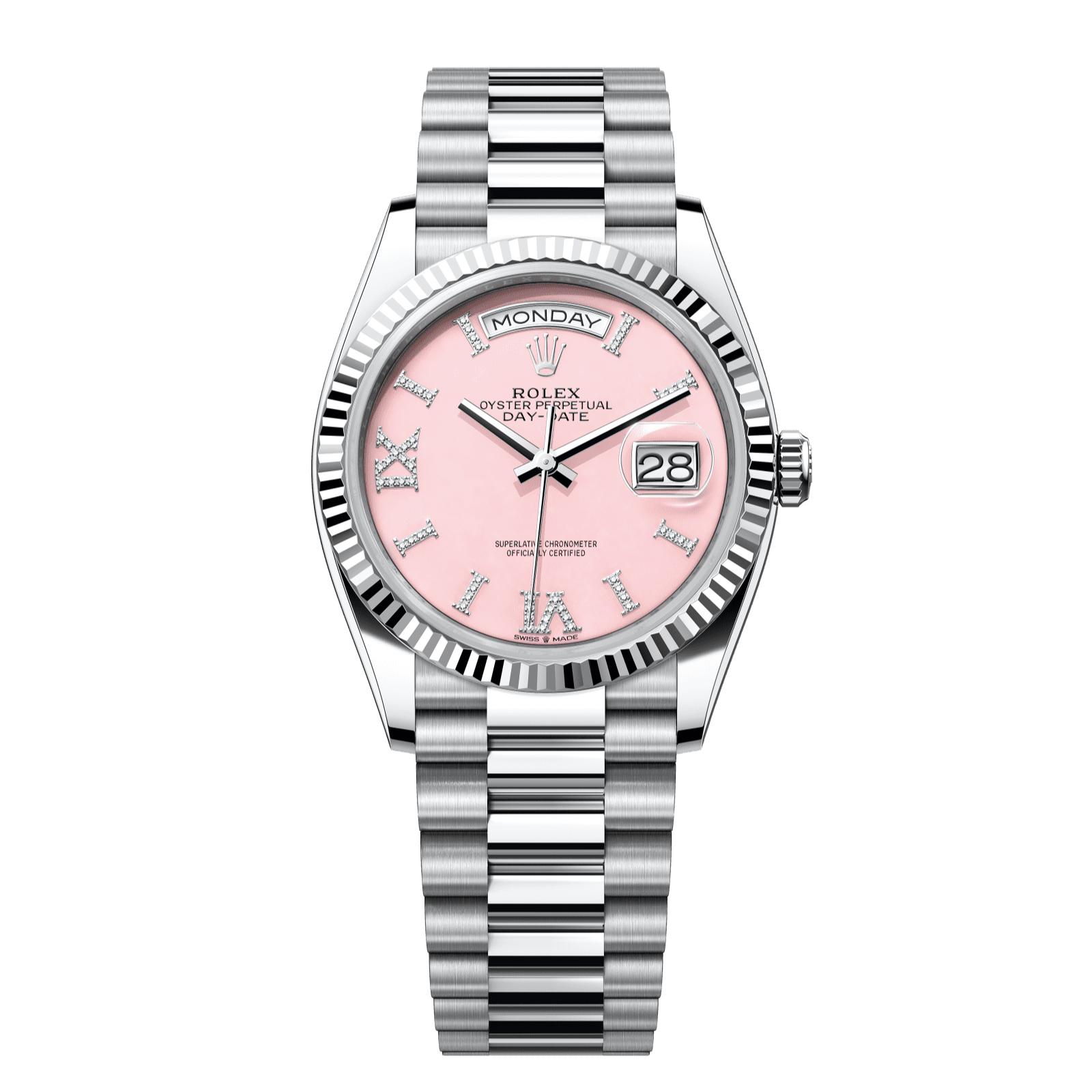 Rolex Day-Date 36 36 mm Pink Opal Set With Diamonds Dial Platinum President Bracelet 128236-0006 - WATCHXNYC
