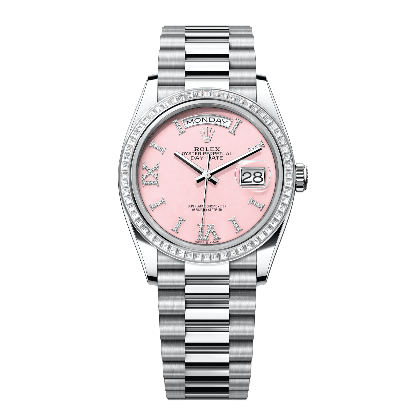 Rolex Day-Date 36 36 mm Pink Opal Set With Diamonds Dial Platinum President Bracelet 128396tbr-0009 - WATCHXNYC