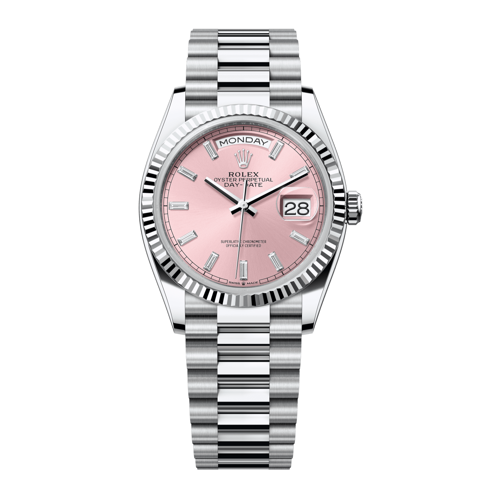 Rolex Day-Date 36 36 mm Pink Set With Diamonds Dial Platinum President Bracelet 128236-0024 - WATCHXNYC