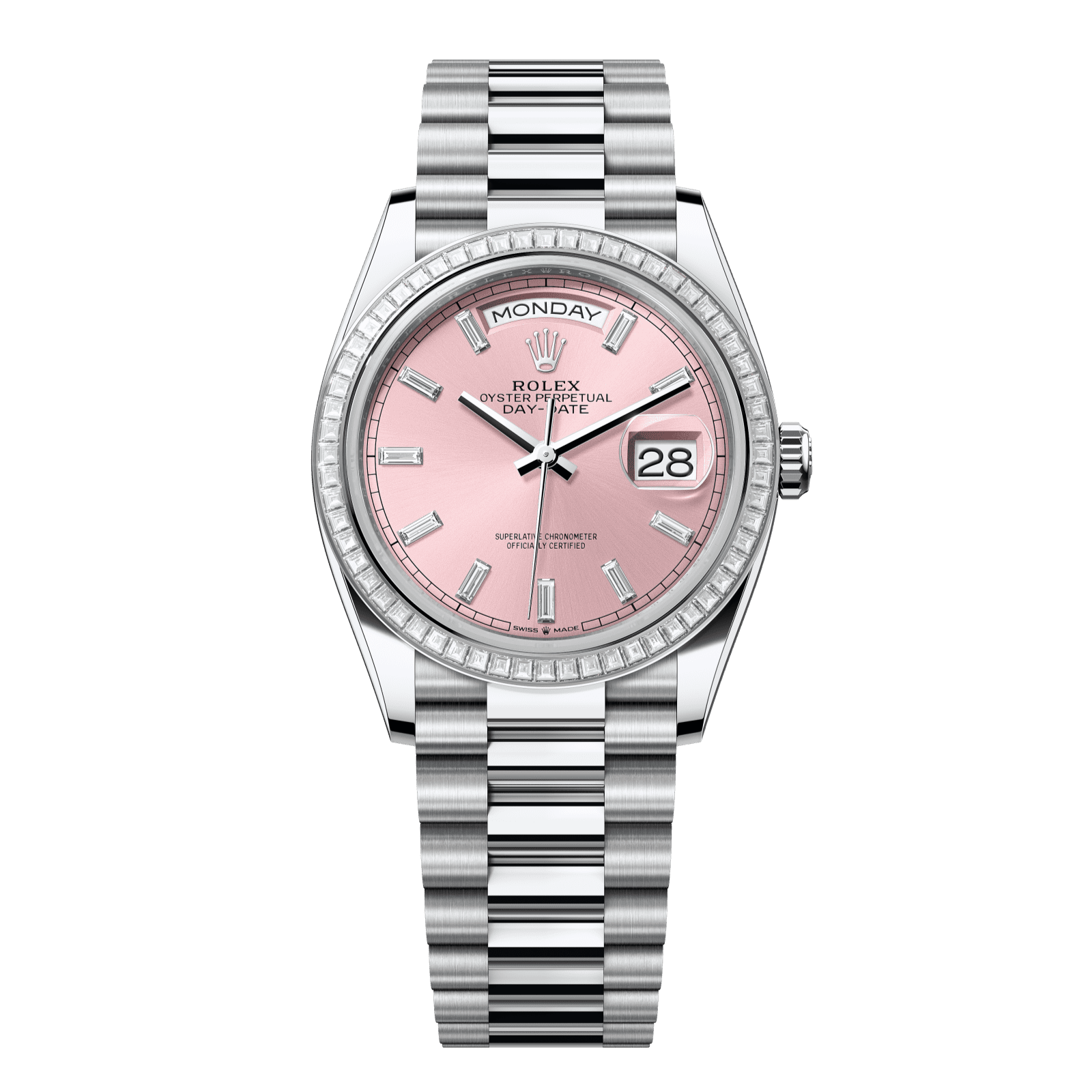Rolex Day-Date 36 36 mm Pink Set With Diamonds Dial Platinum President Bracelet 128396tbr-0025 - WATCHXNYC