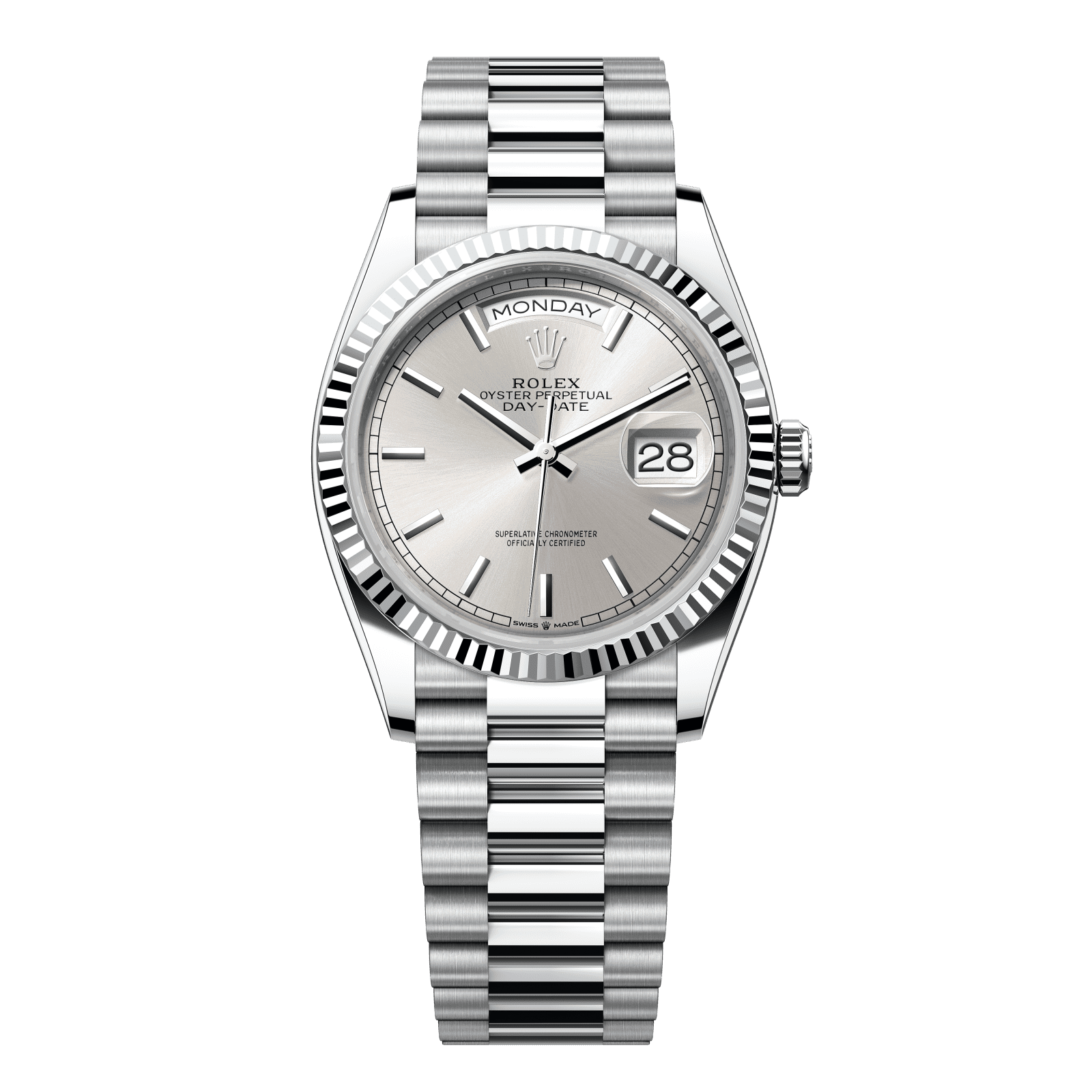 Rolex Day-Date 36 36 mm Silver Dial Platinum President Bracelet 128236-0001 - WATCHXNYC