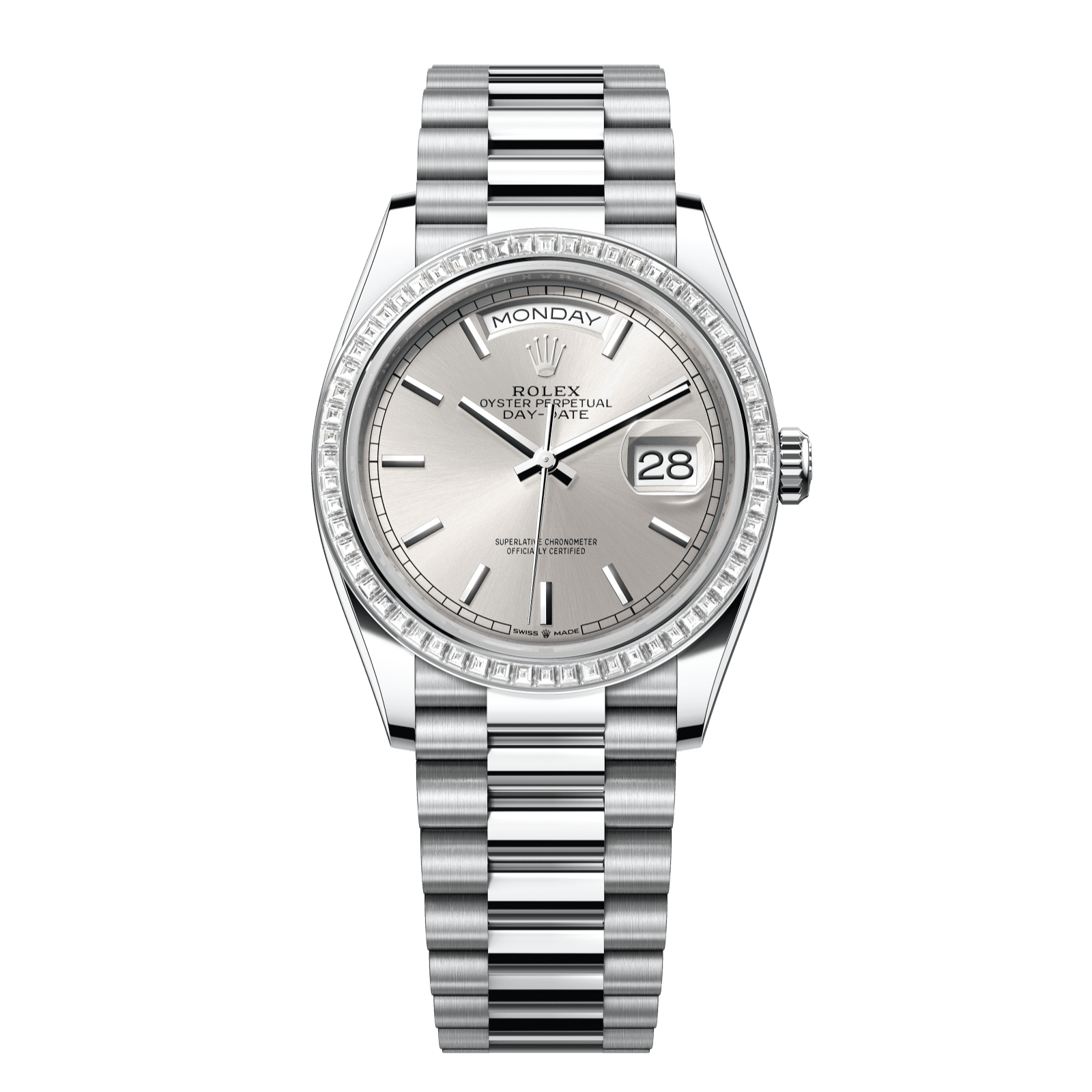 Rolex Day-Date 36 36 mm Silver Dial with Diamonds Platinum President Bracelet 128396tbr-0004 - WATCHXNYC