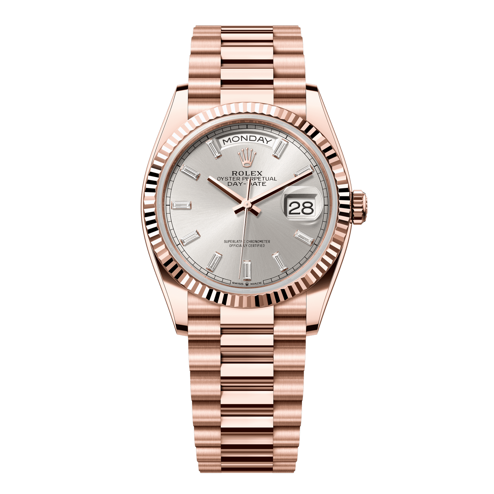 Rolex Day-Date 36 36 mm Silver Set With Diamonds Dial 18 kt Everose Gold President Bracelet 128235-0087 - WATCHXNYC